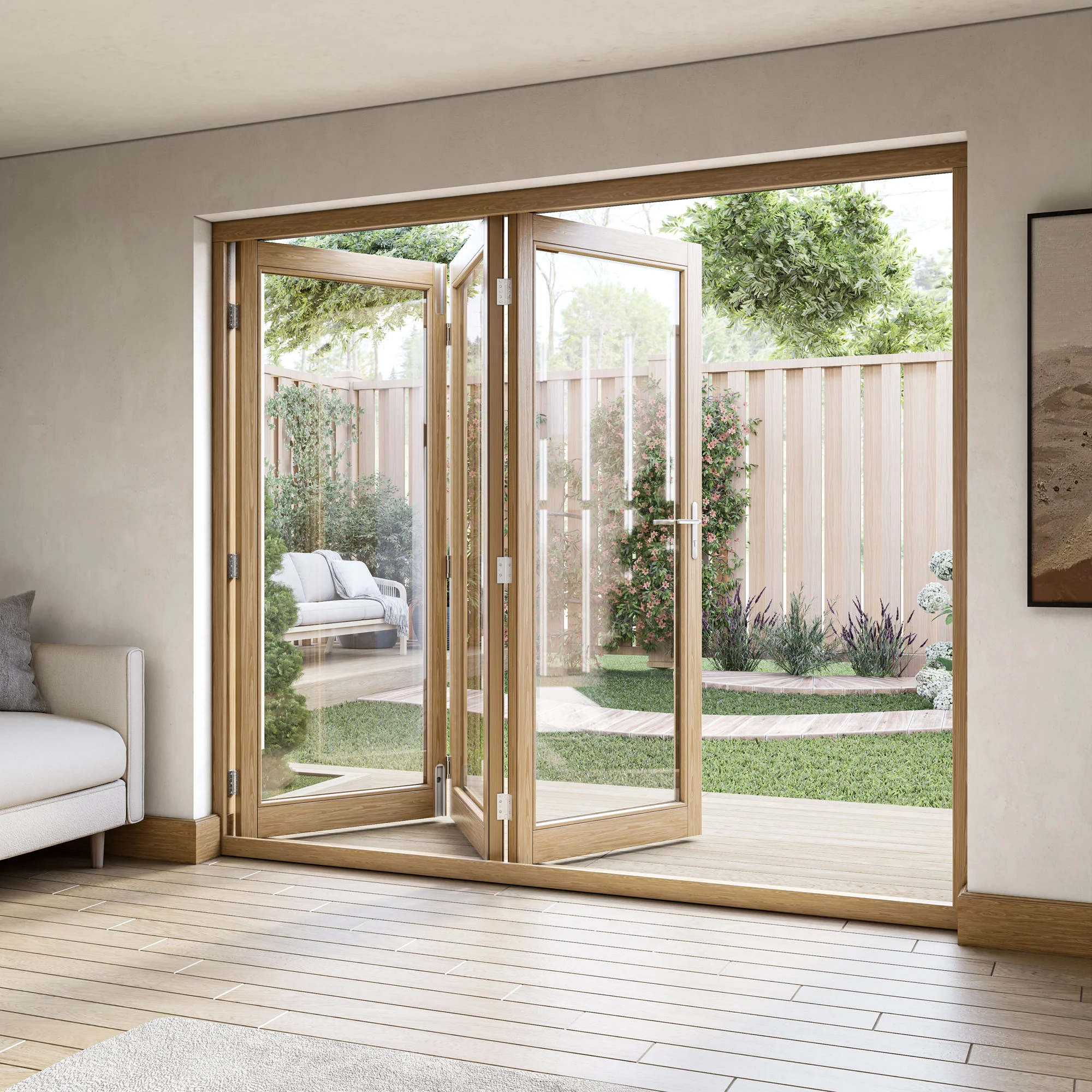 Oak External Fully Finished External Folding Patio Door Set 3+0 (OAKFOLD+HW) - Image 10