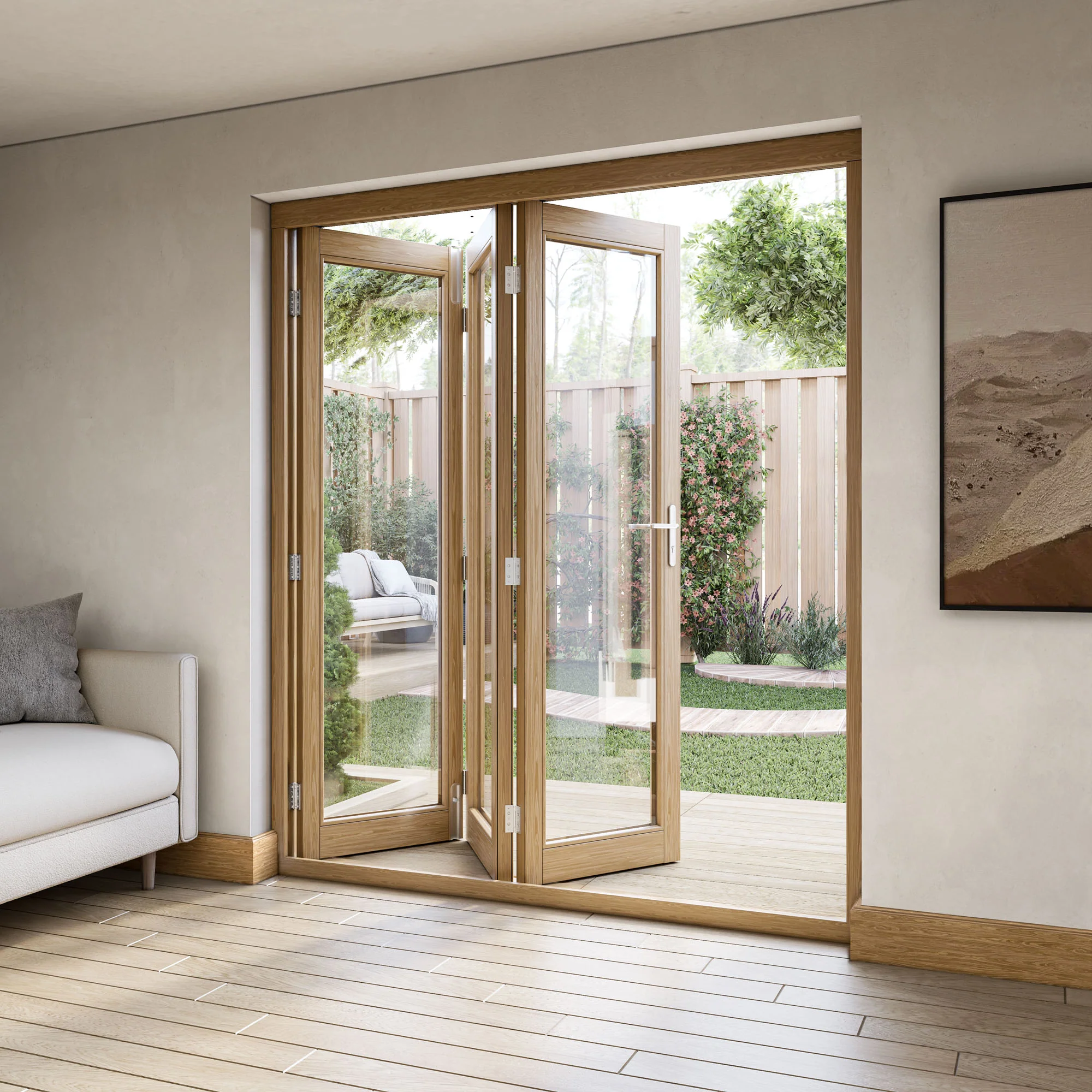 Oak External Fully Finished External Folding Patio Door Set 3+0 (OAKFOLD+HW) - Image 5