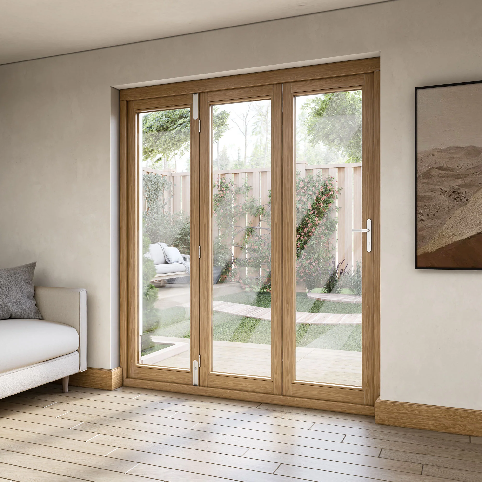 Oak External Fully Finished External Folding Patio Door Set 3+0 (OAKFOLD+HW) - Image 8