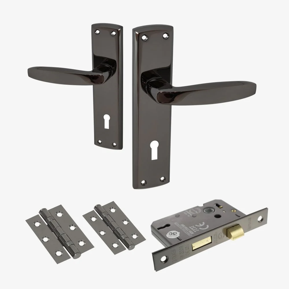 Deco Lever and Lock on Backplate Bathroom Door Handle Set - Black Nickel (122274)