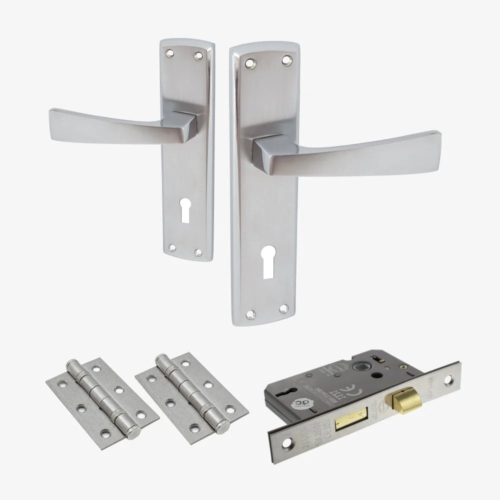 Ritz Lever and Lock on Backplate Bathroom Door Handle Set - Polished Chrome / Satin Chrome (122285)