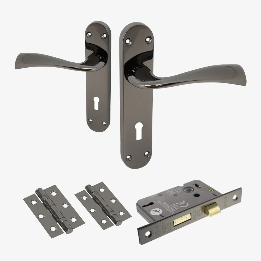 Scimitar Lever and Lock on Backplate Bathroom Door Handle Set - Black Nickel (122297)