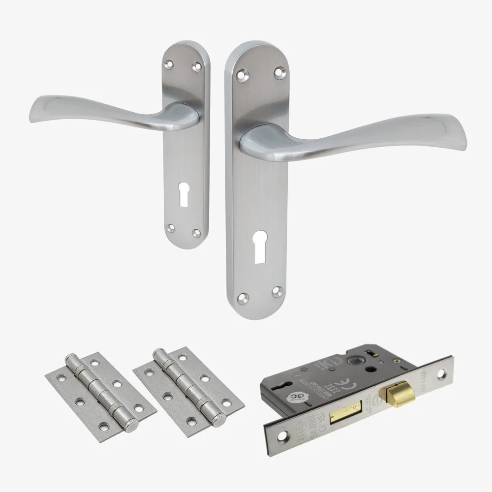 Scimitar Lever and Lock on Backplate Bathroom Door Handle Set - Satin Chrome (122293)