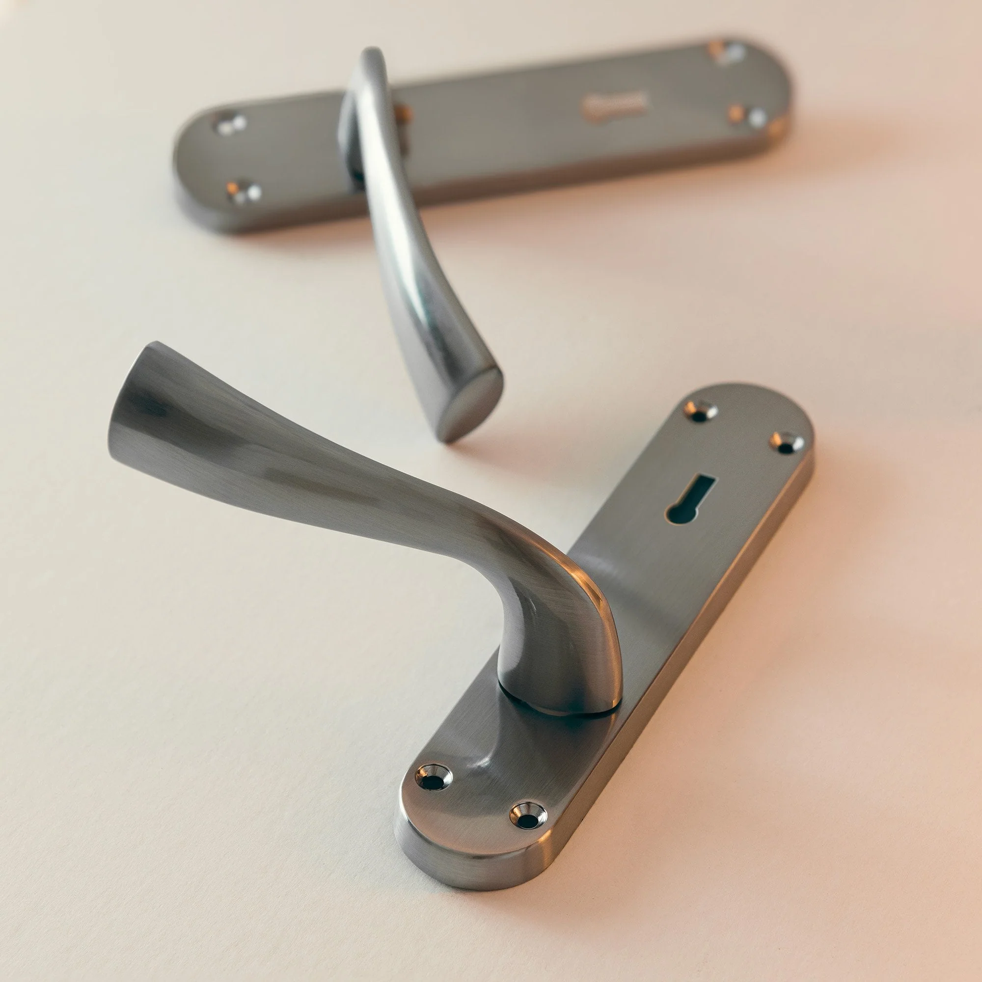 Scimitar Lever and Lock on Backplate Bathroom Door Handle Set - Satin Chrome (122293) - Image 4