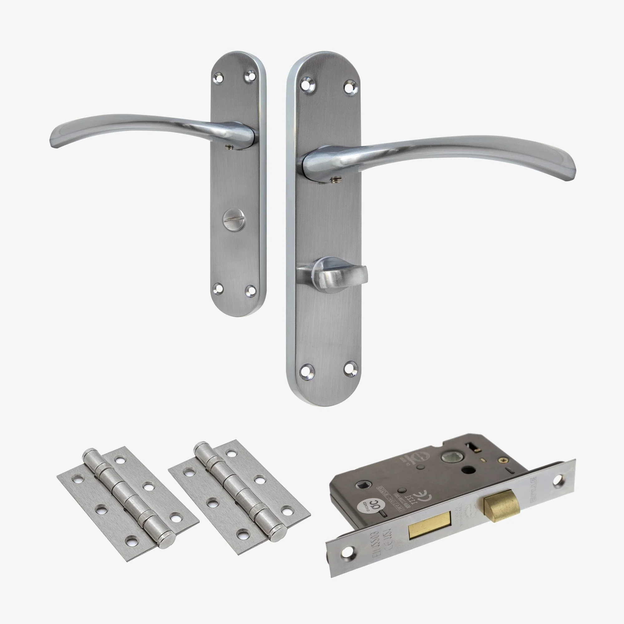 Scimitar Lever on Backplate Bathroom Door Handle Set - Satin Chrome (122292)