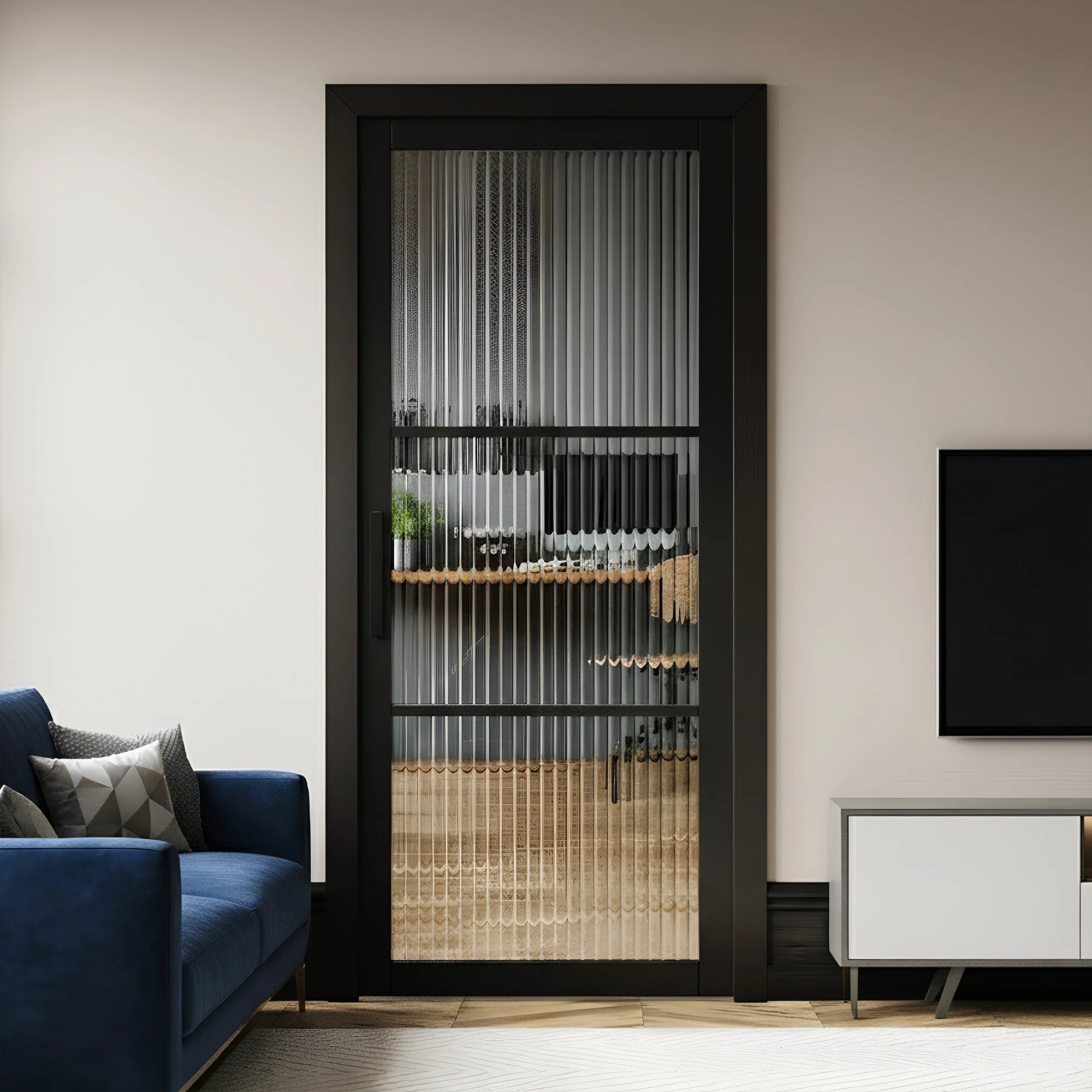 Jet Black Internal Fully Finished 3 Light Reeded Glass Industrial Studio Door (STUBL3LREED)