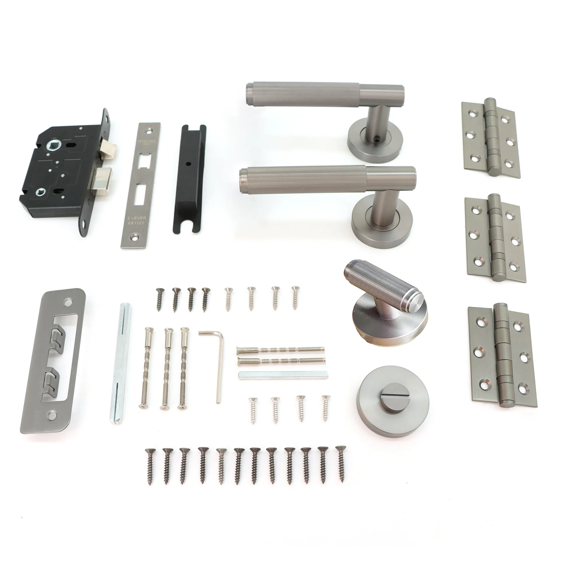 Fluted Lever on Round Rose Bathroom Door Handle Set - Gun Metal (123395)