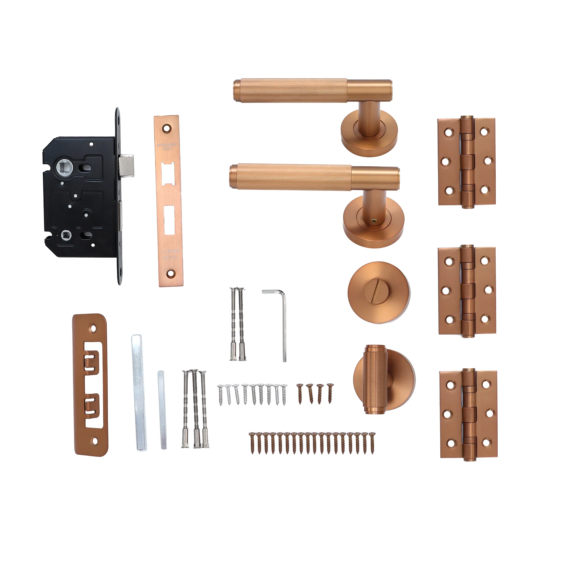 Fluted Lever on Round Rose Bathroom Door Handle Set - Rose Gold (123394)