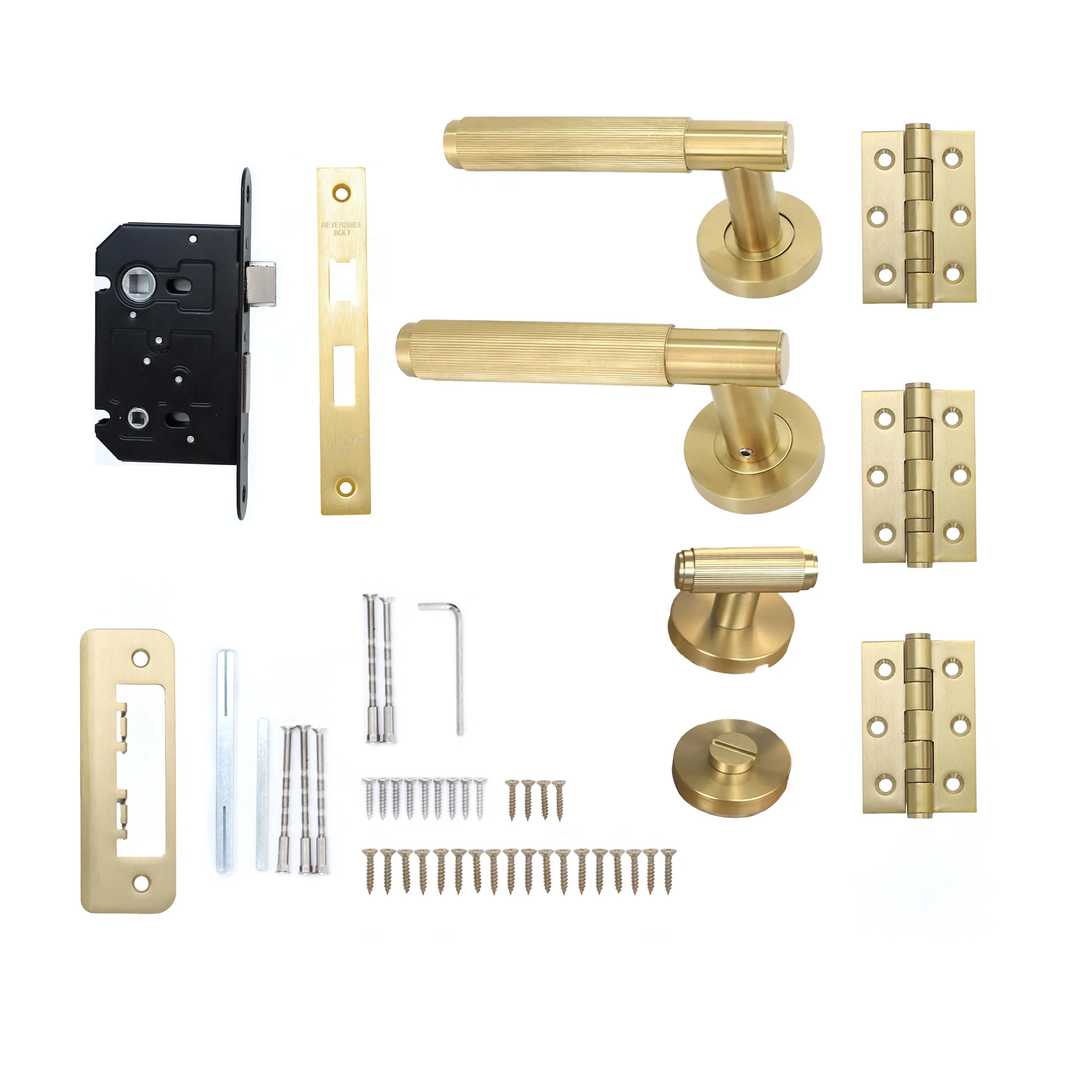 Fluted Lever on Round Rose Bathroom Door Handle Set - Satin Gold (123392)