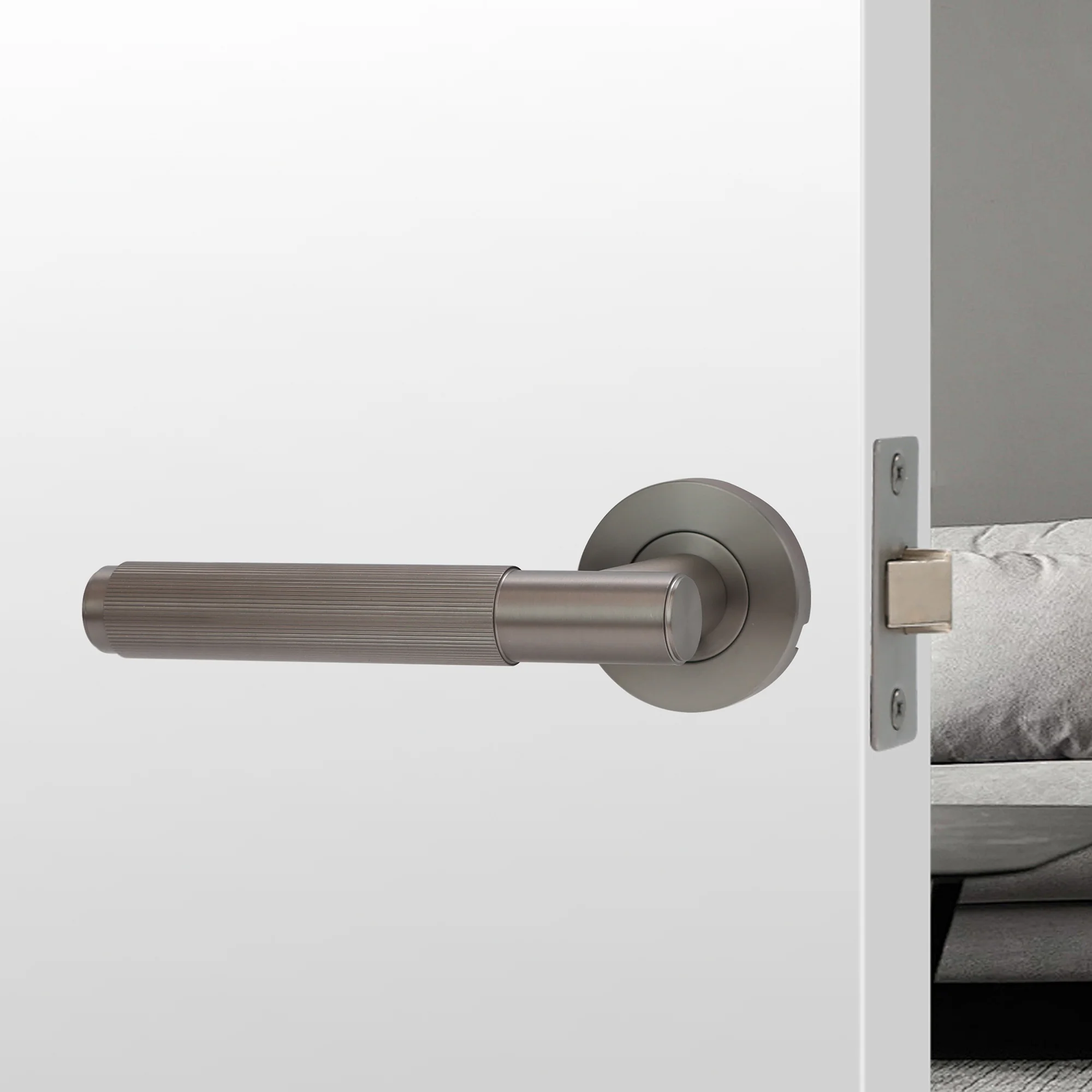 Fluted Lever on Round Rose Door Handle Set - Satin Stainless Steel (123381) - Image 2