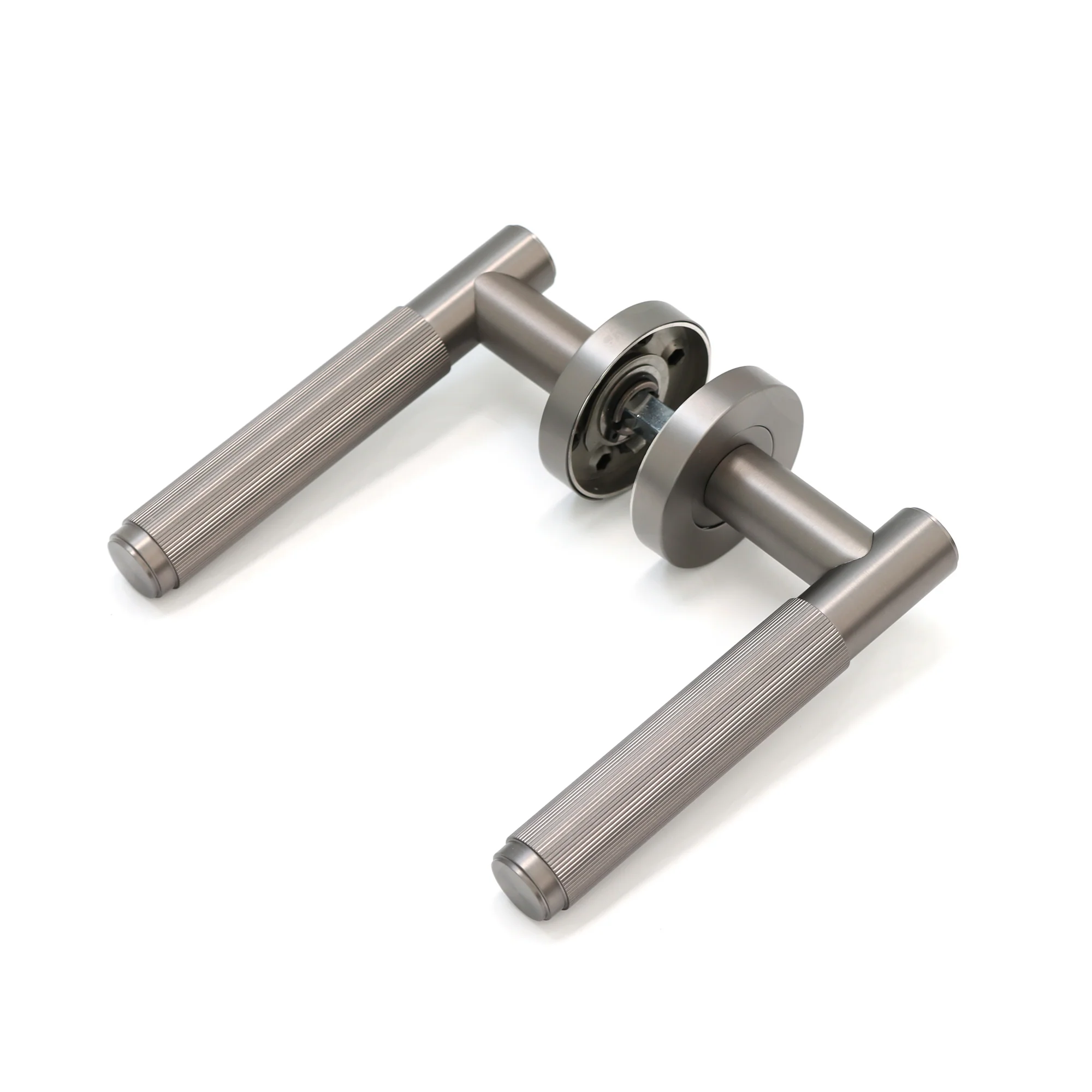 Fluted Lever on Round Rose Door Handle Set - Satin Stainless Steel (123381) - Image 4