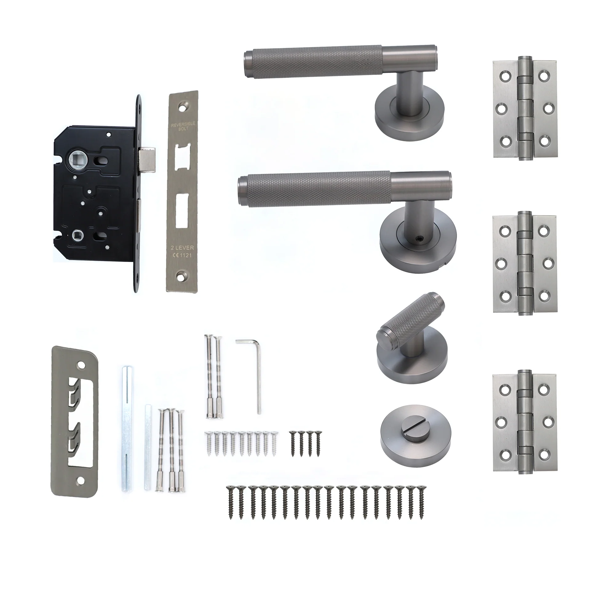 Knurled Lever on Round Rose Bathroom Door Handle Set - Gun Metal (123390)