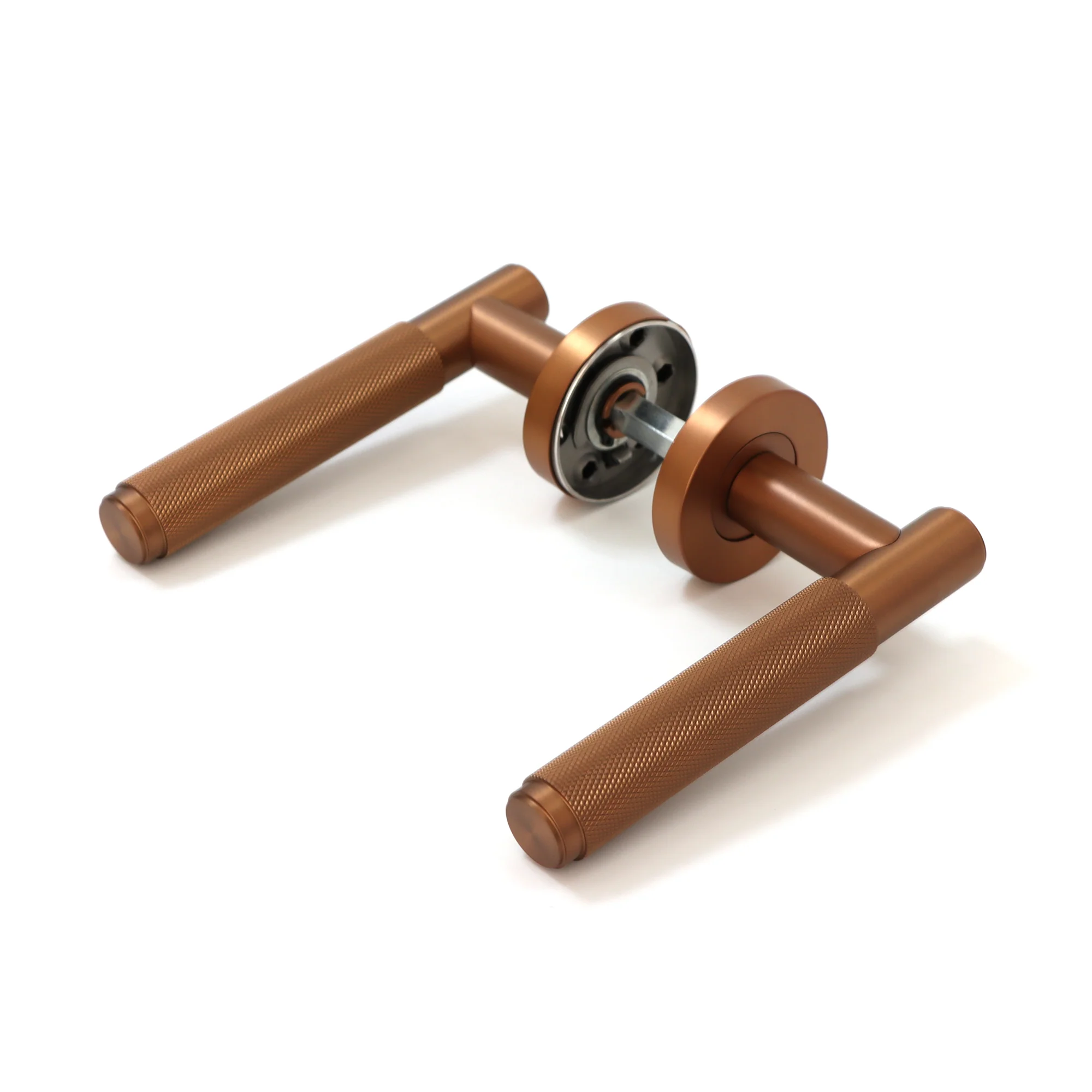 Knurled Lever on Round Rose Door Handle Set - Rose Gold (123379) - Image 2