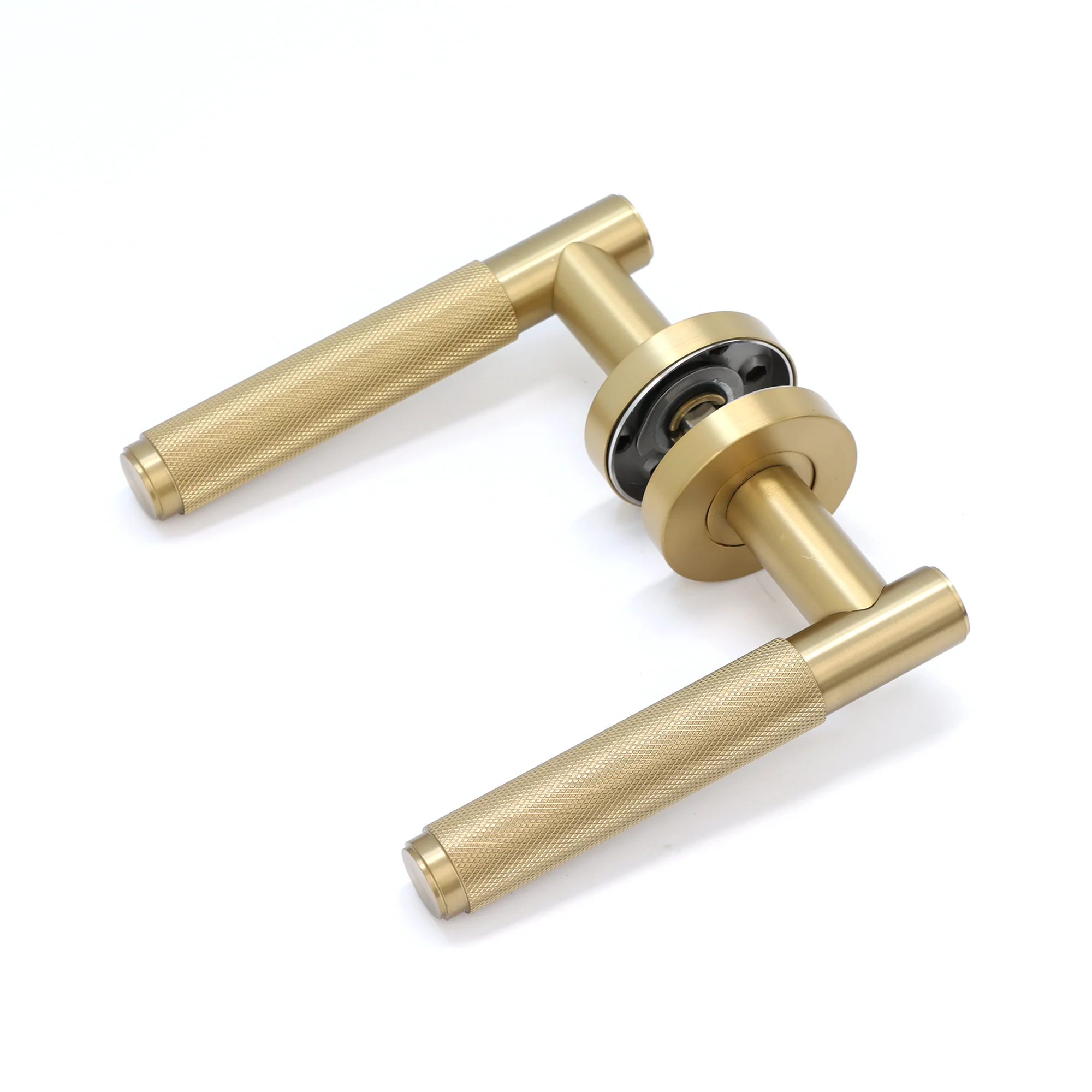 Knurled Lever on Round Rose Door Handle Set - Satin Gold (123377) - Image 2