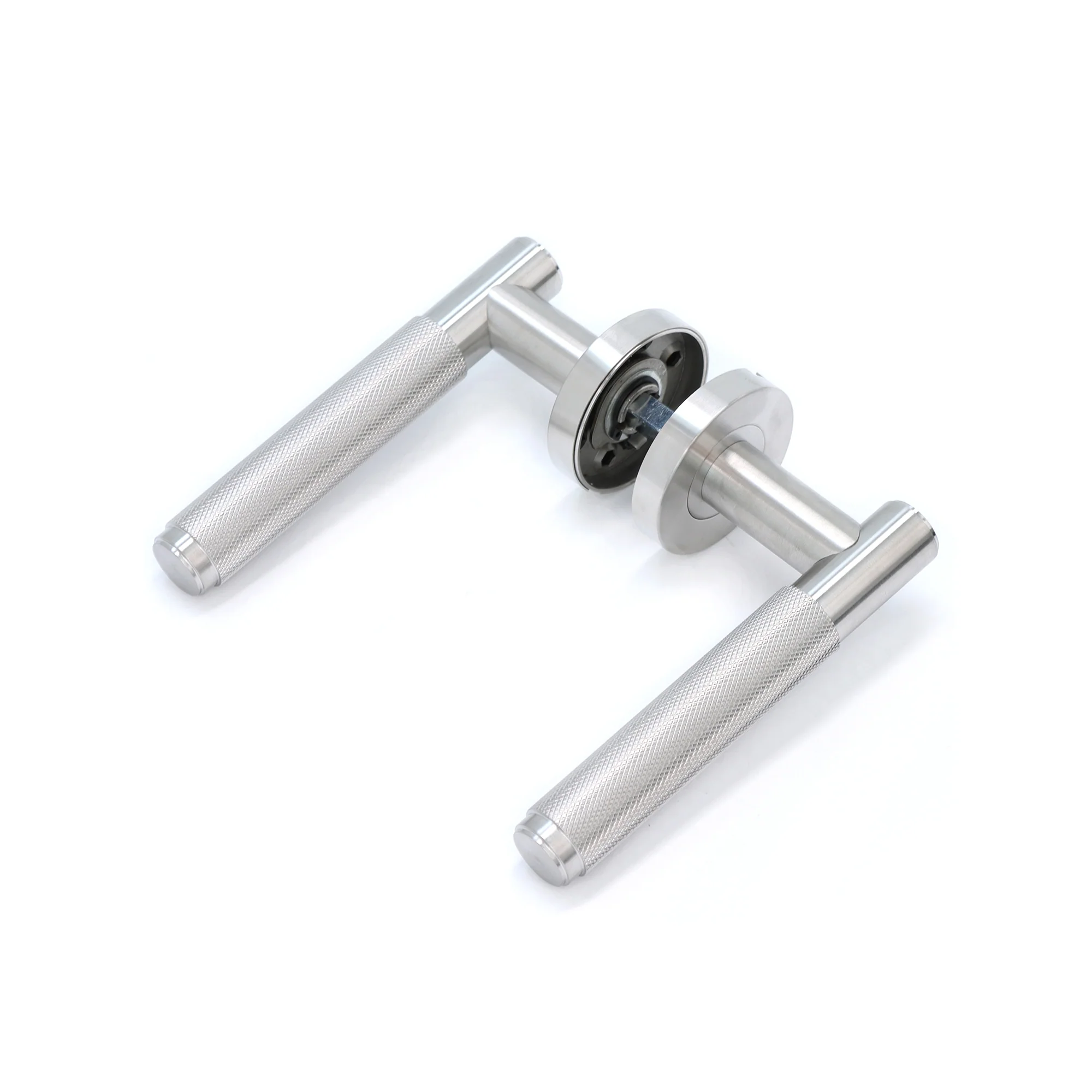 Knurled Lever on Round Rose Door Handle Set - Satin Stainless Steel (123376) - Image 10