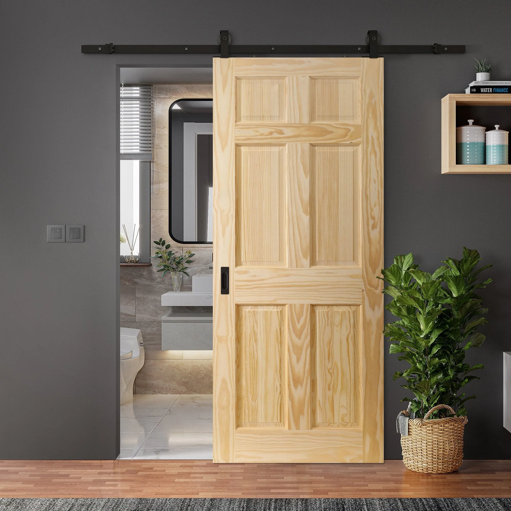 Clear Pine Internal Unfinished 6 Panel Door Sliding Door - Black Top Mounted (120756)
