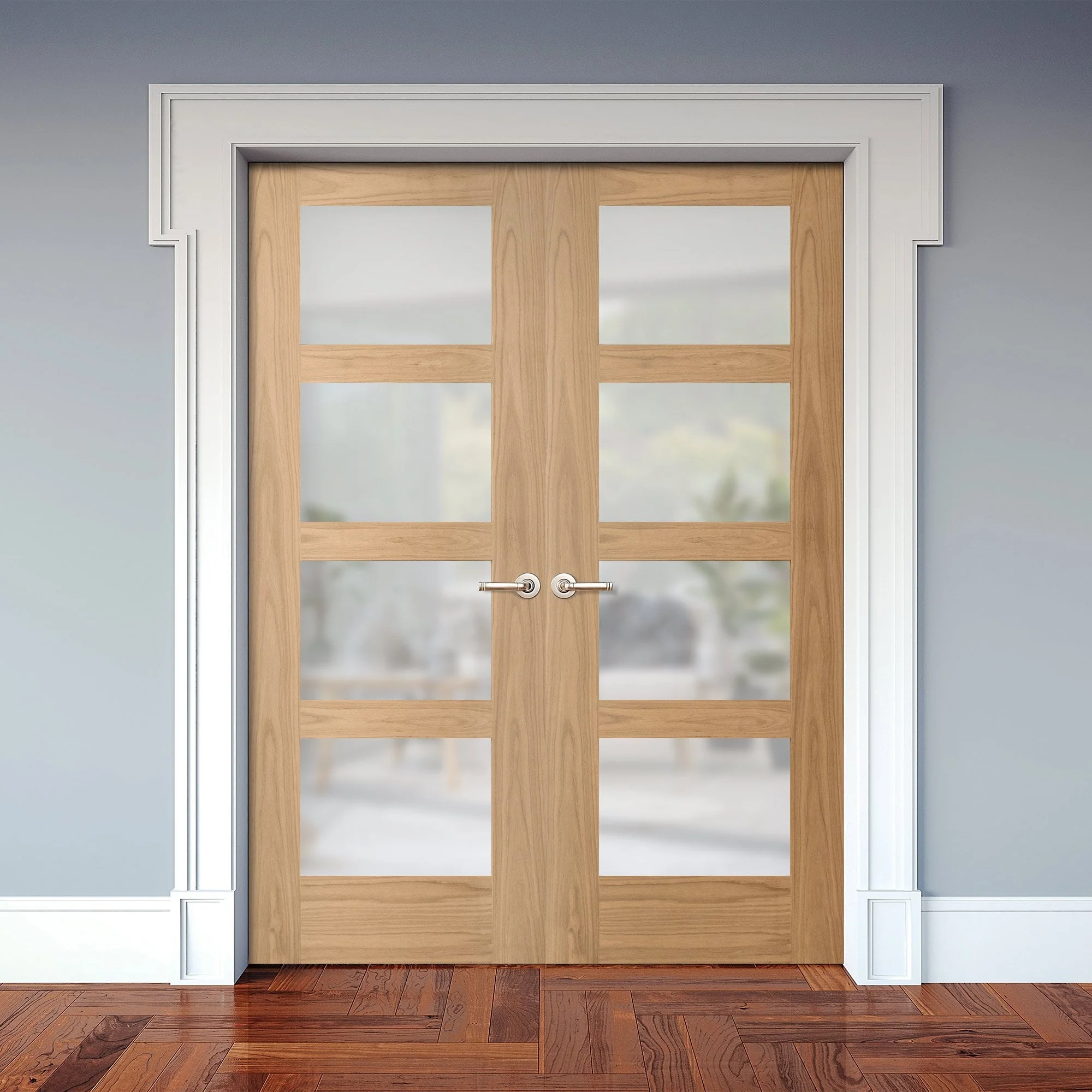 Internal Oak Unfinished Shaker 4 Light Obscure Glass Pair Door (121385)