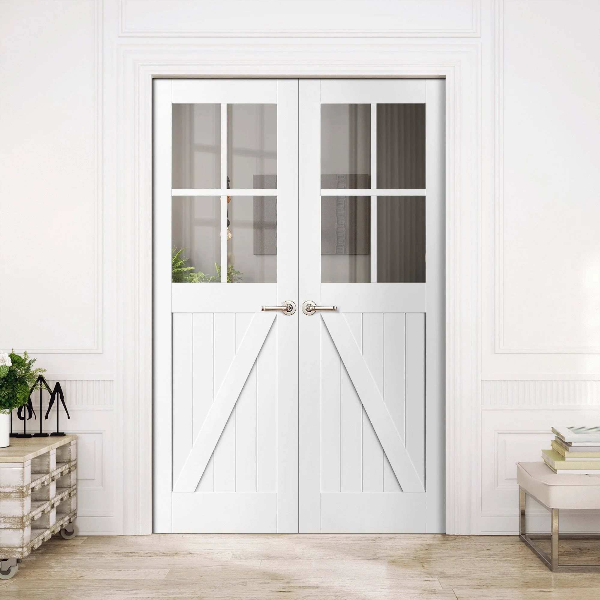 Internal White Primed Barn 4 Light Glazed FLB Pair Door (121402) - Image 3