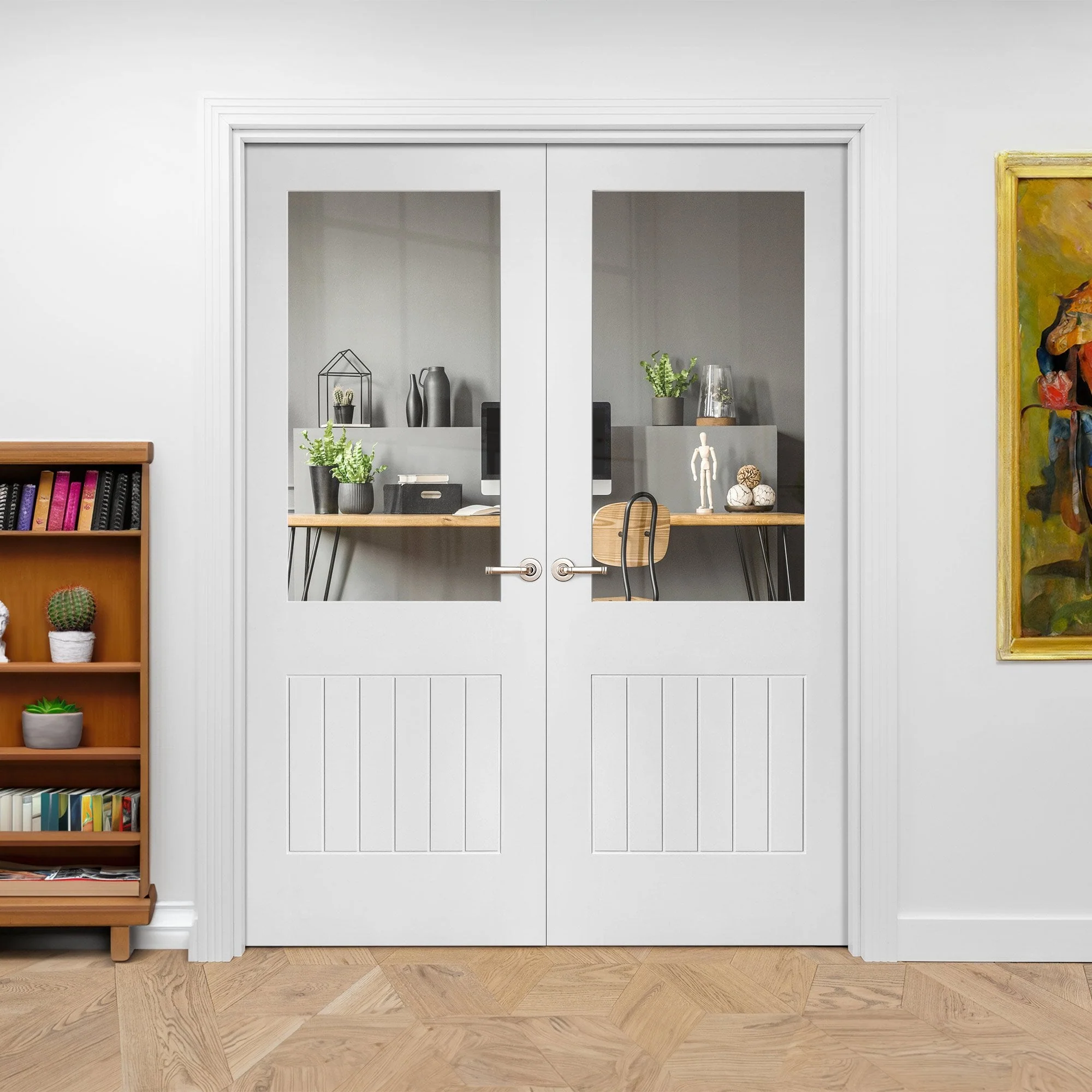 Internal White Primed Cottage 1 Panel 1 Light Clear Glass Pair Door (121409) - Image 3
