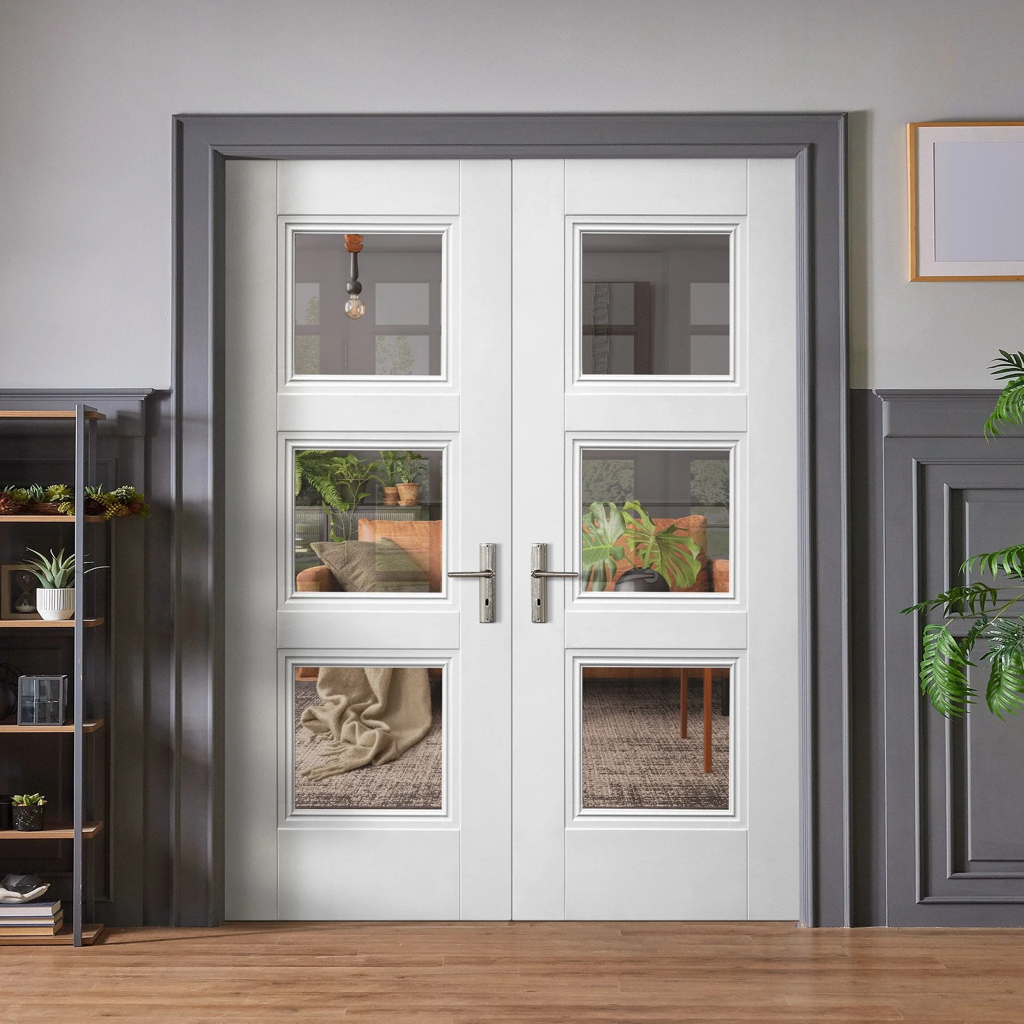 Internal White Primed Elegance Ripley 3 Light Clear Glass Pair Door (121415)