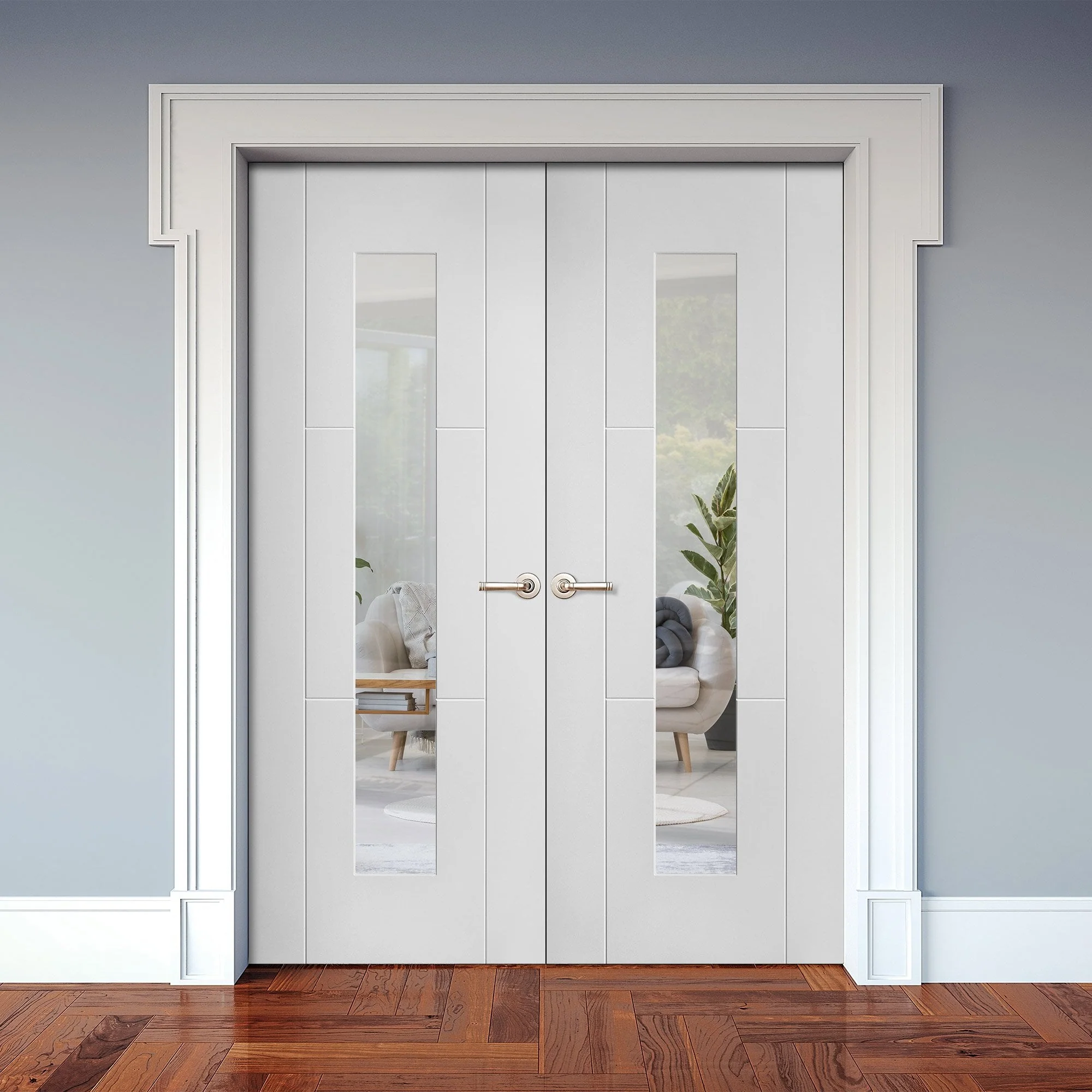 Internal White Primed Trent 3 Panel 1 Light Clear Glass Pair Door (121435) - Image 3