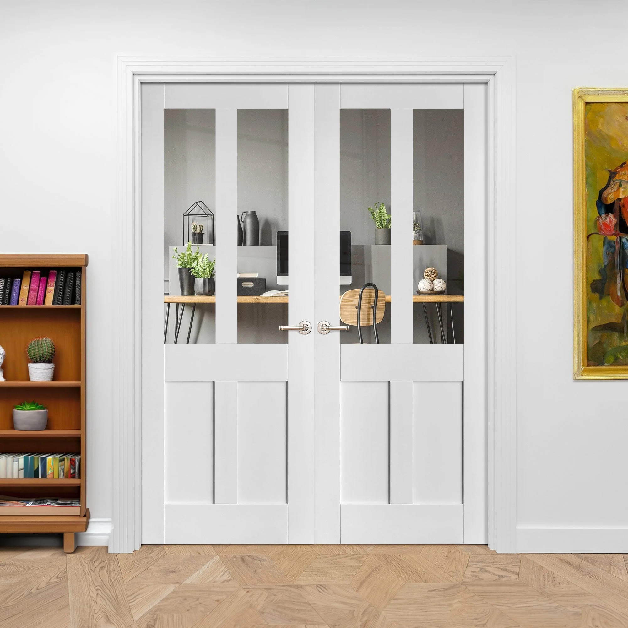 Internal White Primed Victorian 2 Panel 2 Light Clear Glass Pair Door (121438) - Image 3