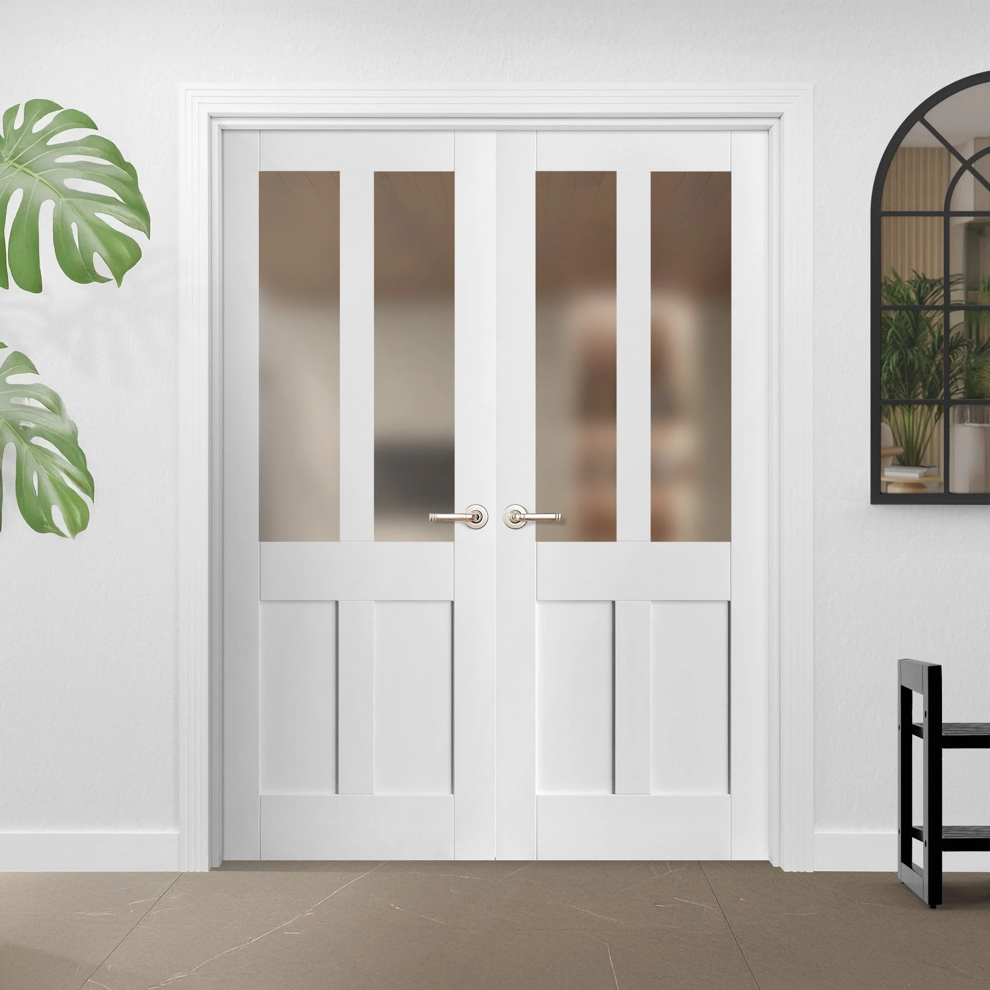 Internal White Primed Victorian 2 Panel 2 Light Obscure Glass Pair Door (121439)
