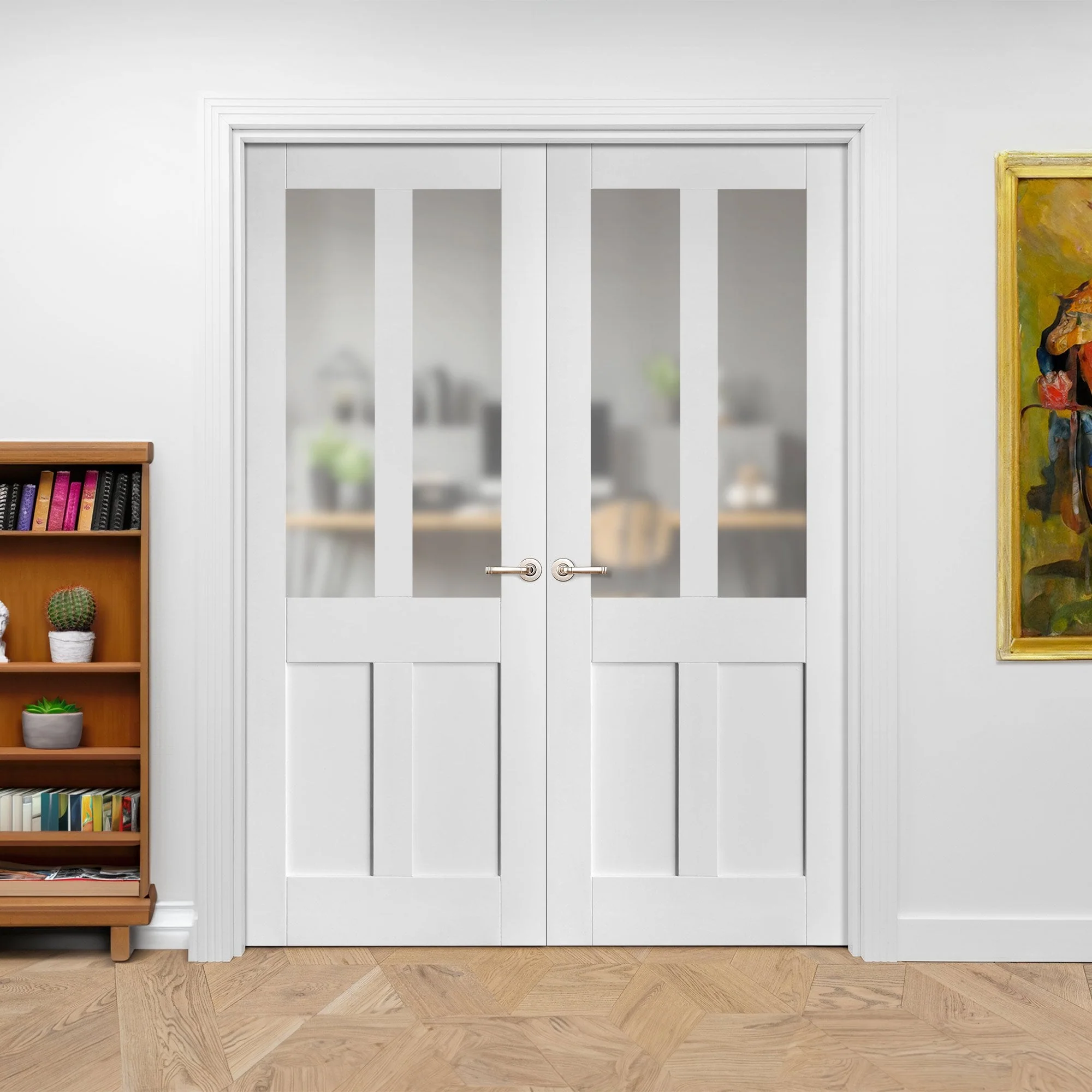 Internal White Primed Victorian 2 Panel 2 Light Obscure Glass Pair Door (121439) - Image 3