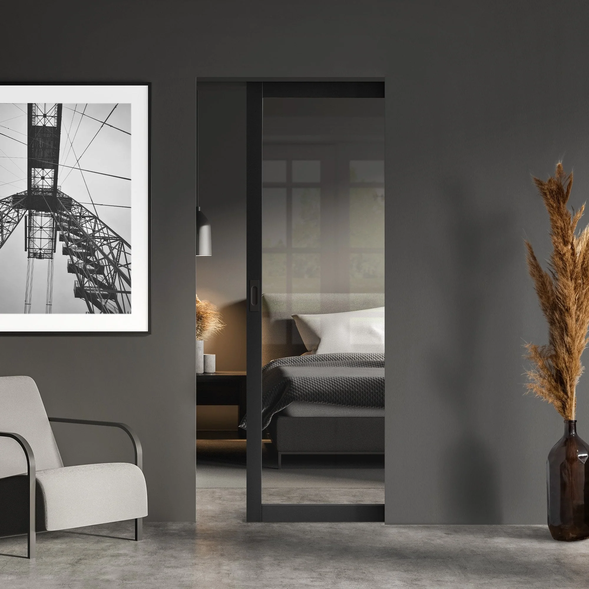 Jet Black Internal Fully Finished Industrial Studio 1 Light Clear Glass Classic Framed 100mm Pocket Door Set (120846)