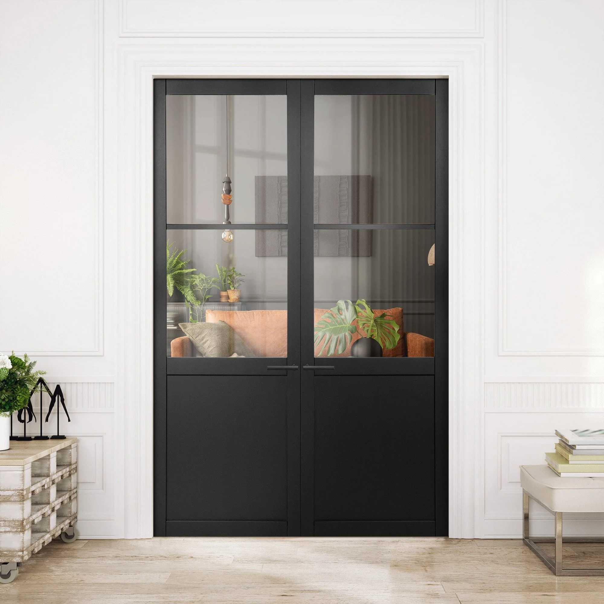 Jet Black Internal Fully Finished Industrial Studio 1 Panel 2 Light Clear Glass Pair Door (121347)