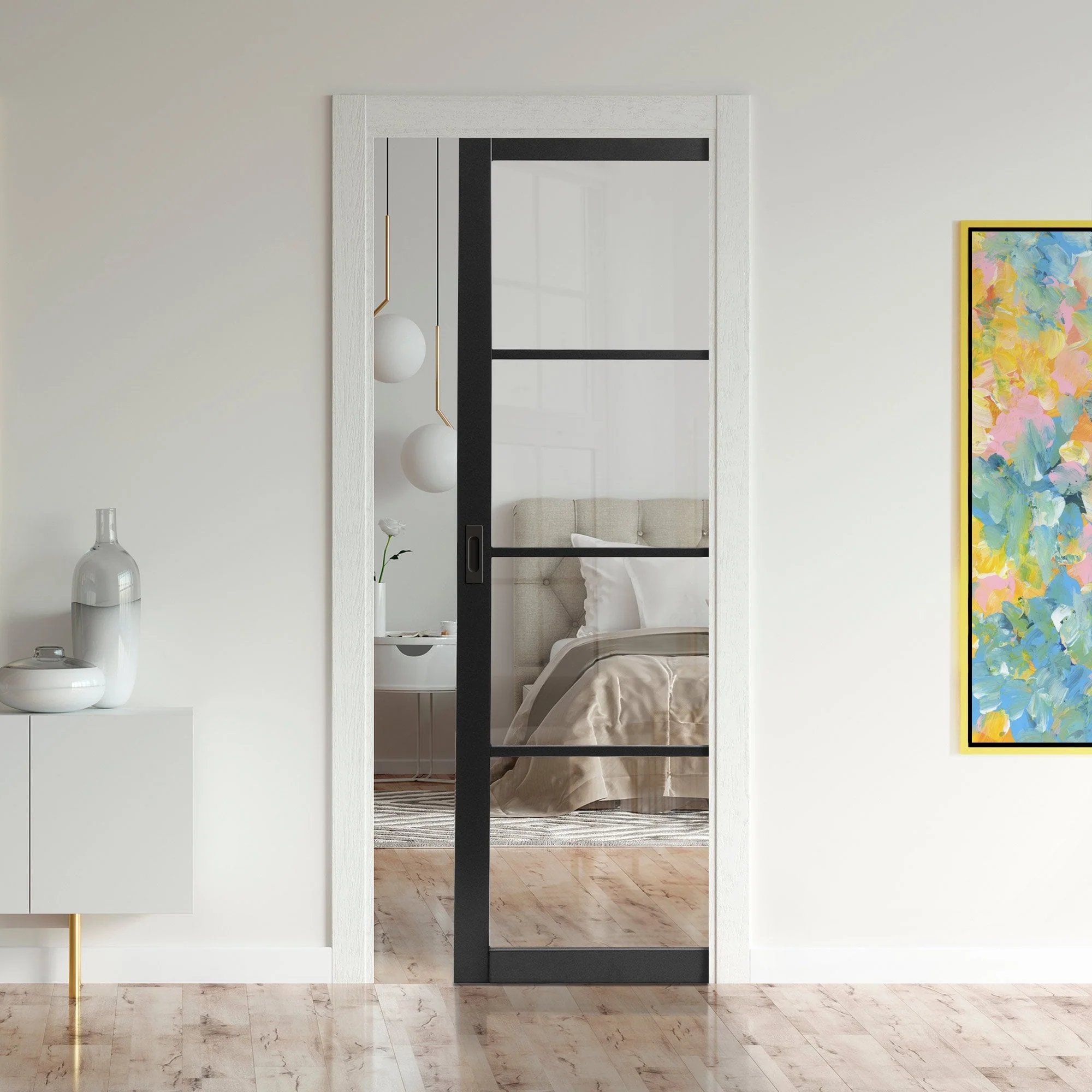 Jet Black Internal Fully Finished Industrial Studio 4 Light Clear Glass Classic Framed 100mm Pocket Door Set (120827)