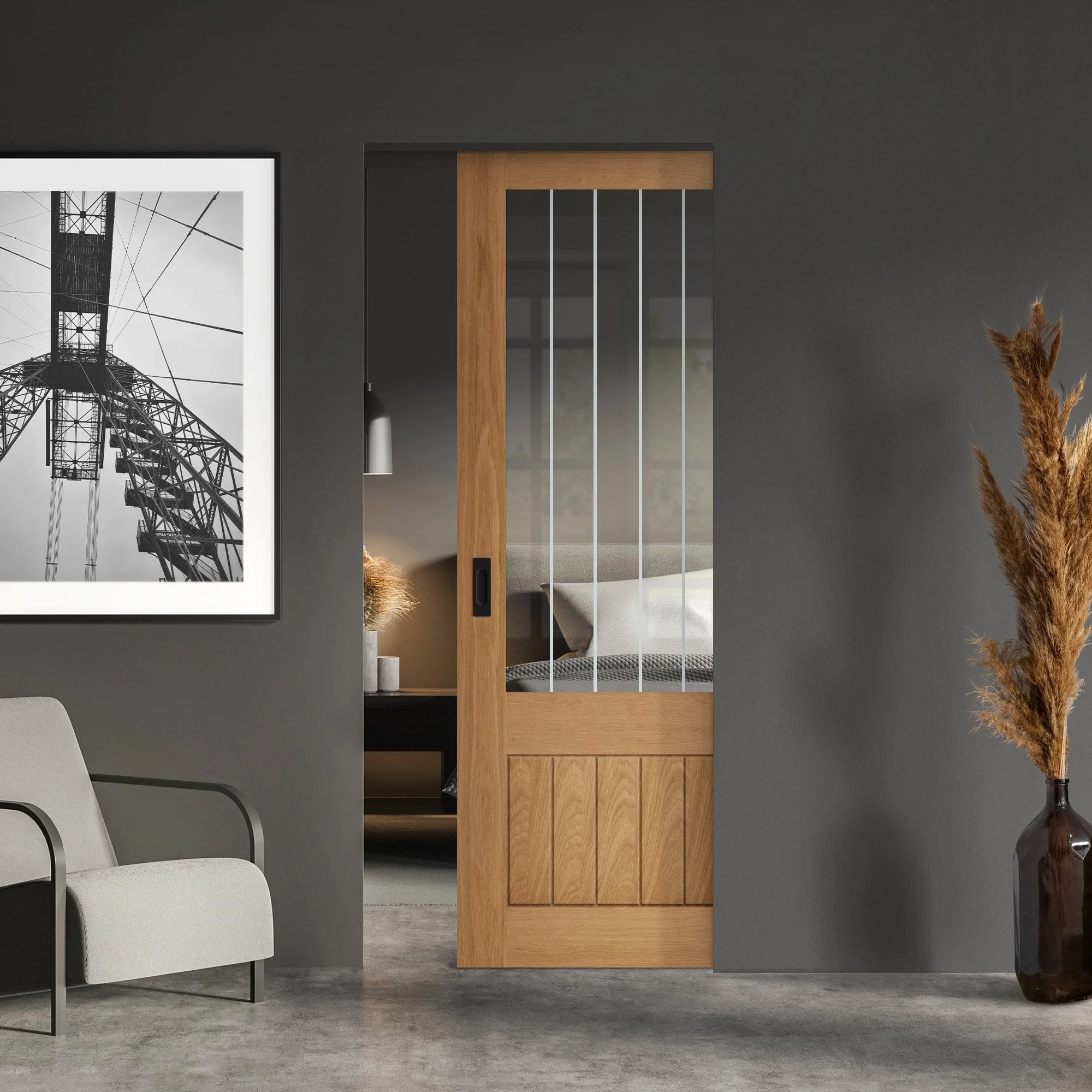 Oak Fully Finished Internal Farley 1 Panel 1 Light Obscure Lined Glazed Framed 100mm Pocket Door Set (123198)