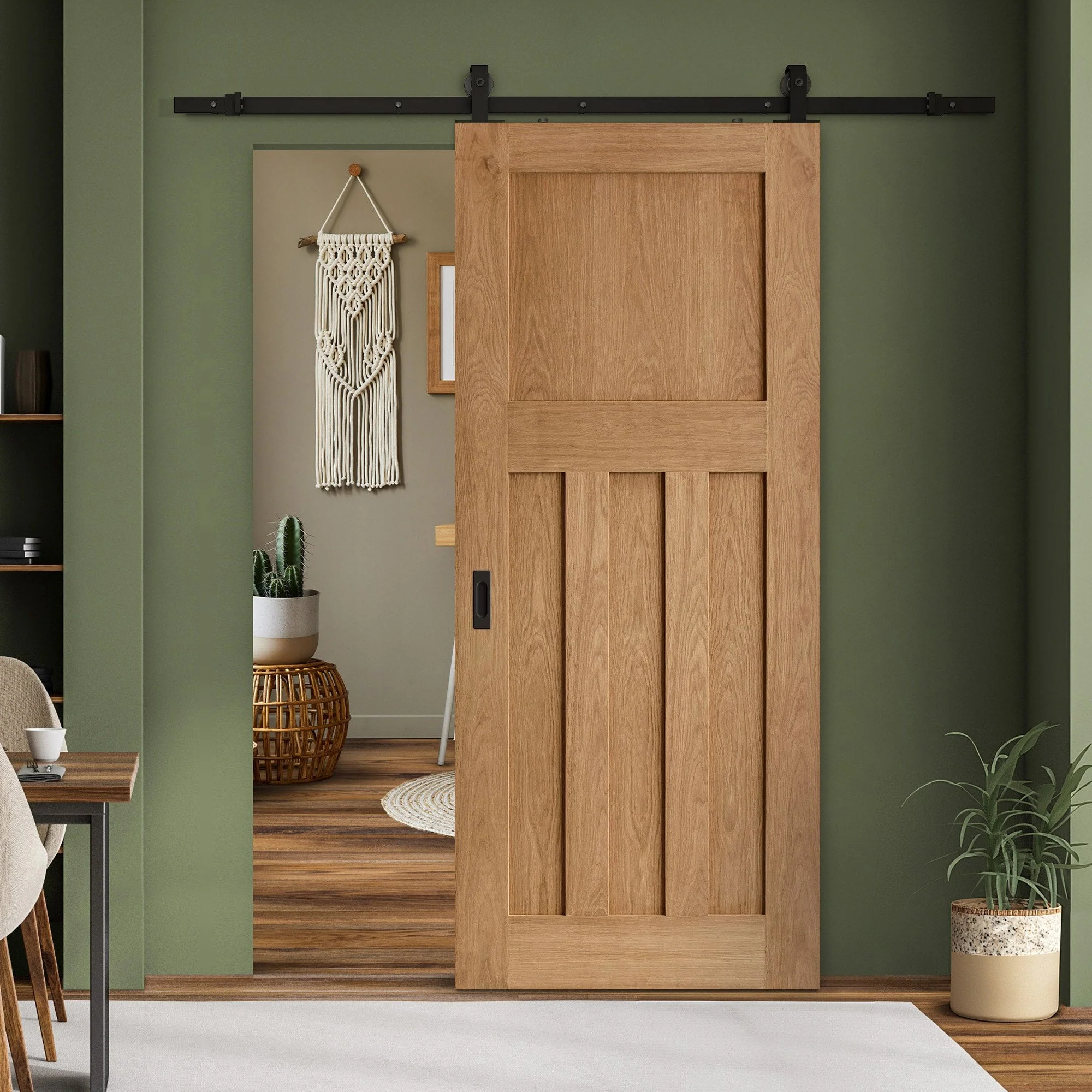 Oak Internal Unfinished 1930's DX 4 Panel Sliding Door - Black Top Mounted (120750)