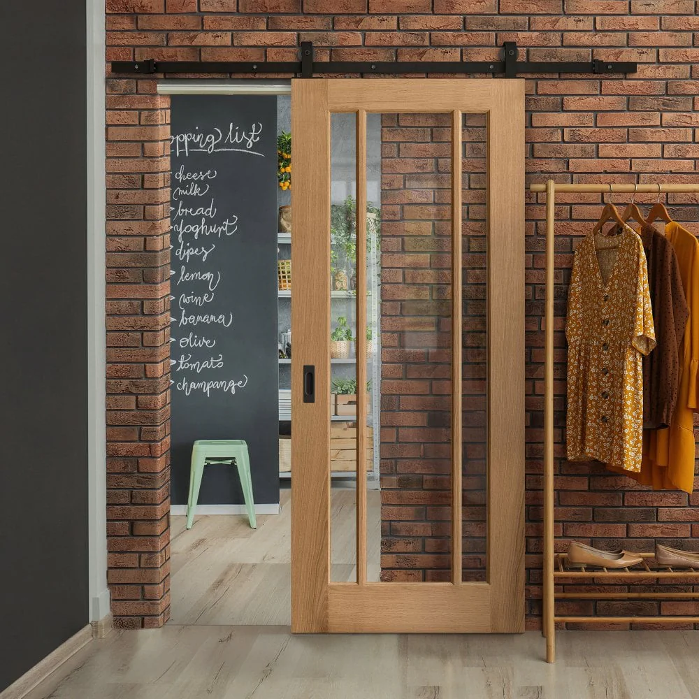 Oak Internal Unfinished Toledo 3 Light Clear Glass Sliding Door - Black Top Mounted (120670)