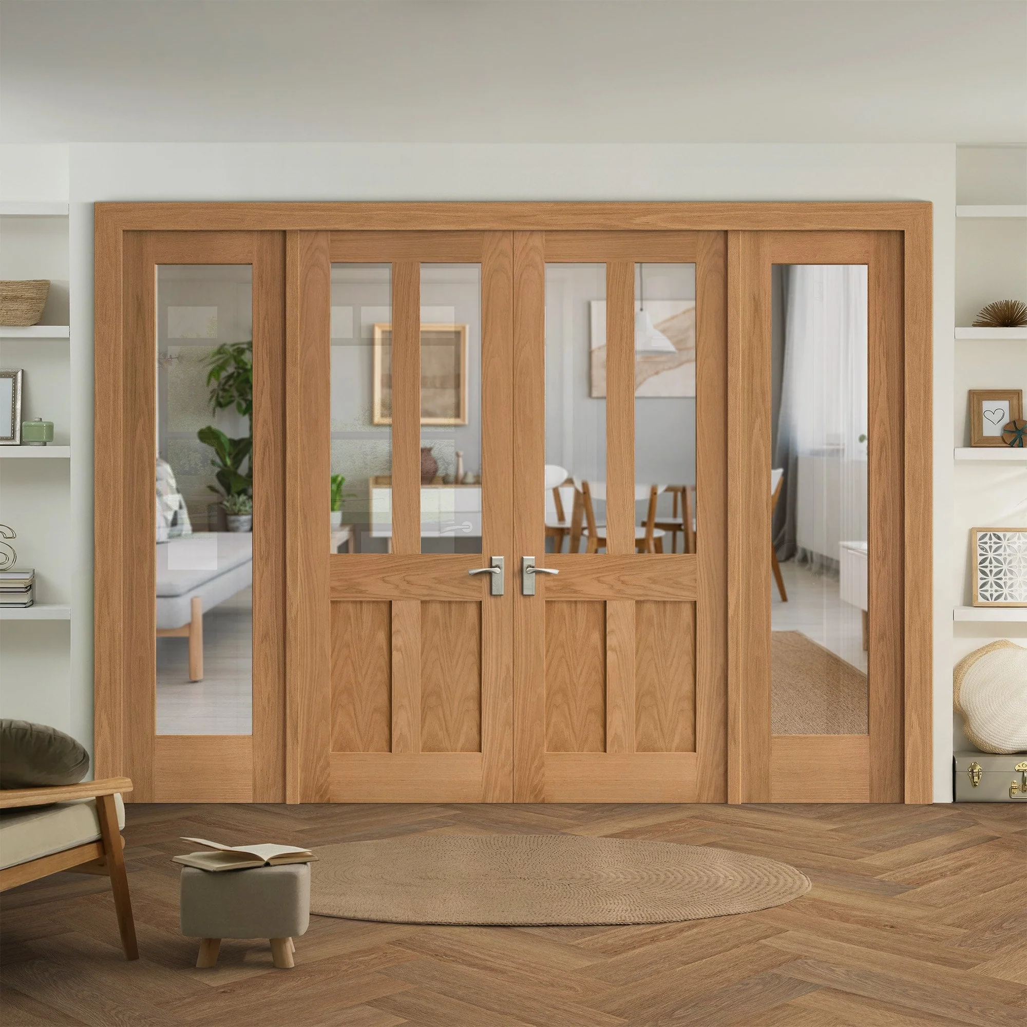 Oak Unfinished Internal Victorian Shaker 2P 2L Clear Glass Sidelight Room Divider Set (123136)