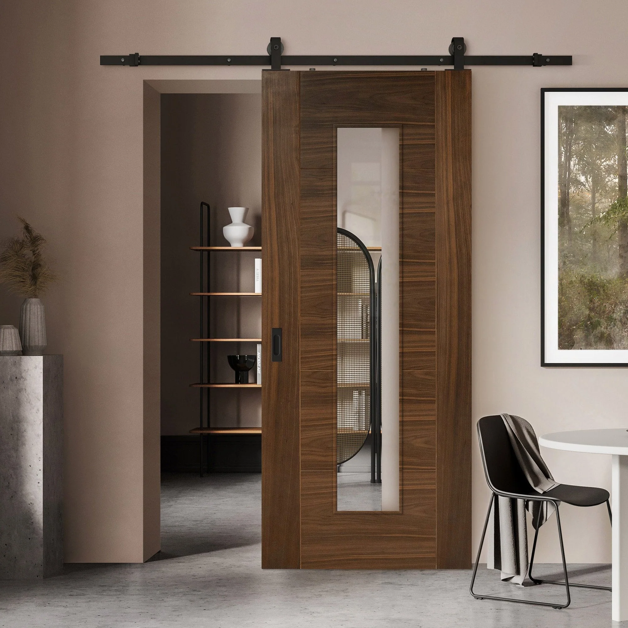 Walnut Internal Fully Finished Milano 1 Light Clear Glass Sliding Door - Black Top Mounted (120685)