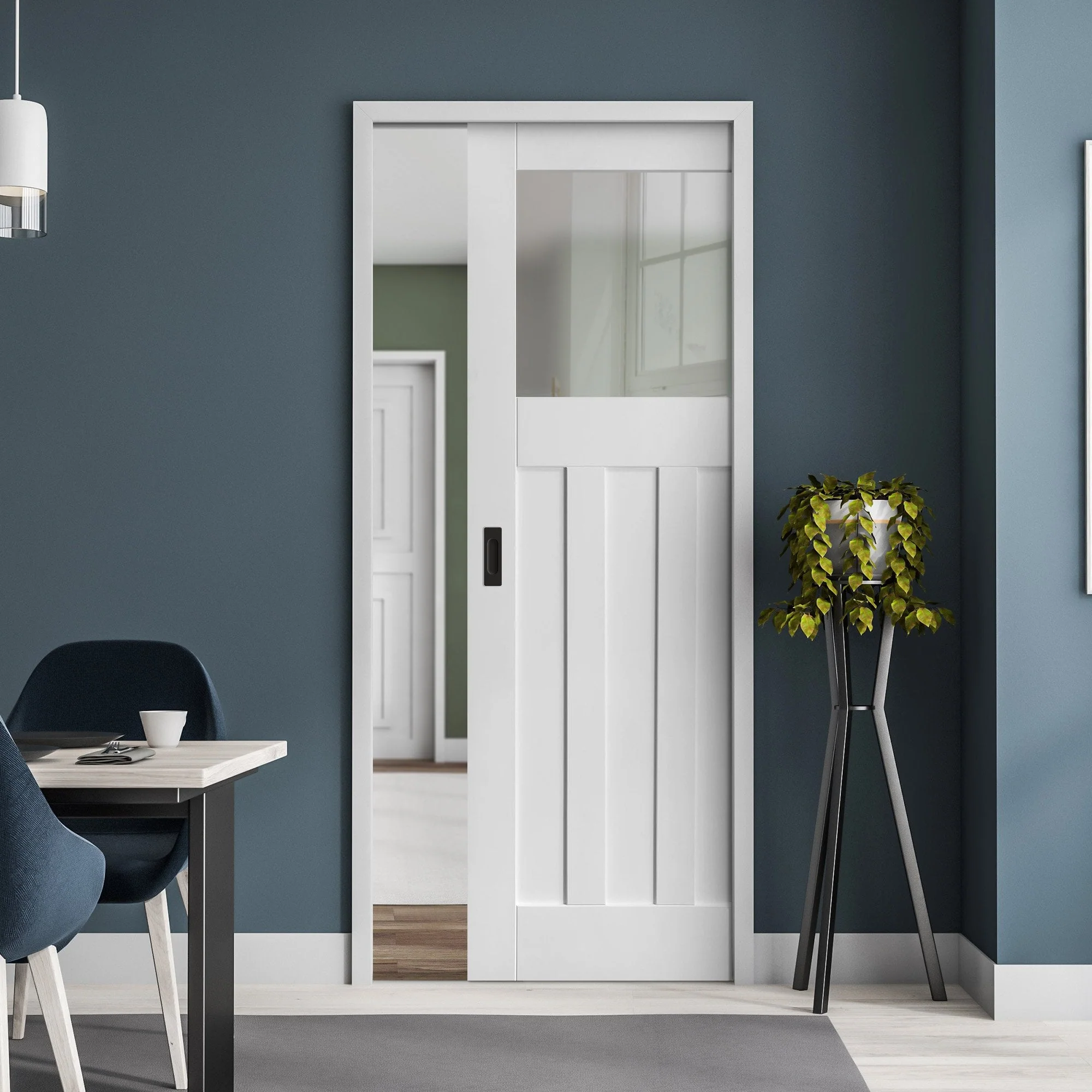 White Primed Internal 1930's DX 3 Panel 1 Light Obscure Glass Framed 100mm Pocket Door Set (123233)