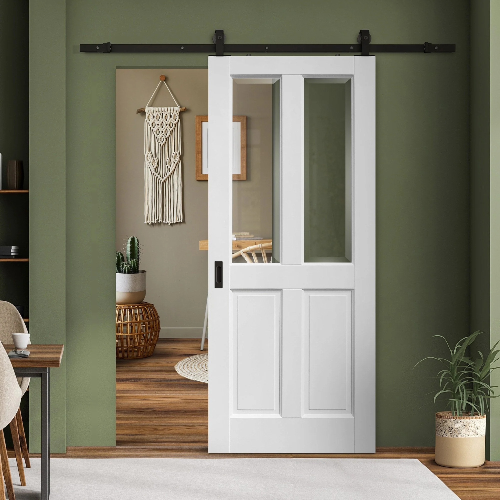 White Primed Internal Berkeley 4 Panel 2 Light with Clear Bevelled Glass Sliding Door - Black Top Mounted (120698)