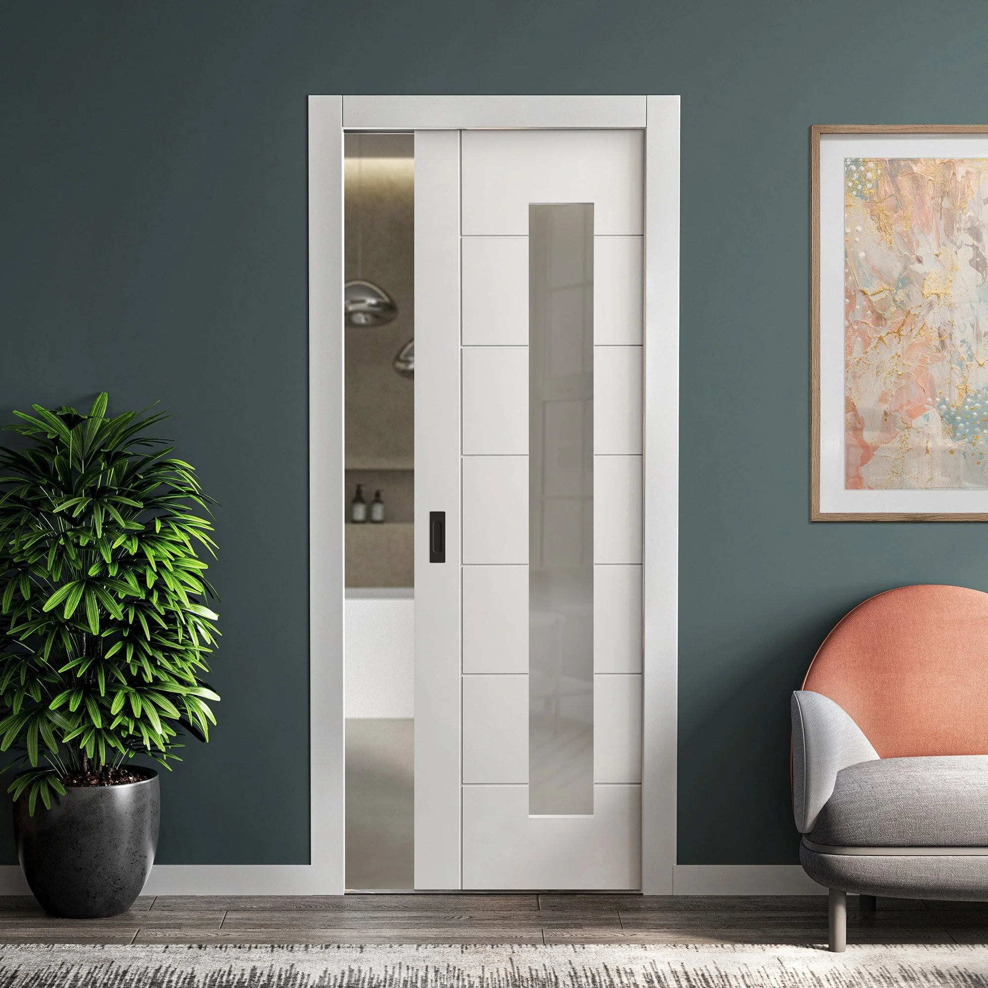 White Primed Internal Pedrena 7 Panel 4 Light Obscure Glass Framed 100mm Pocket Door Set (123263)