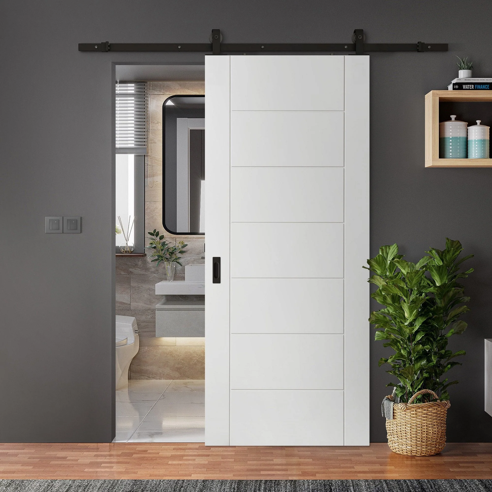 White Primed Internal Pedrena 7 Panel Sliding Door - Black Top Mounted (120751)