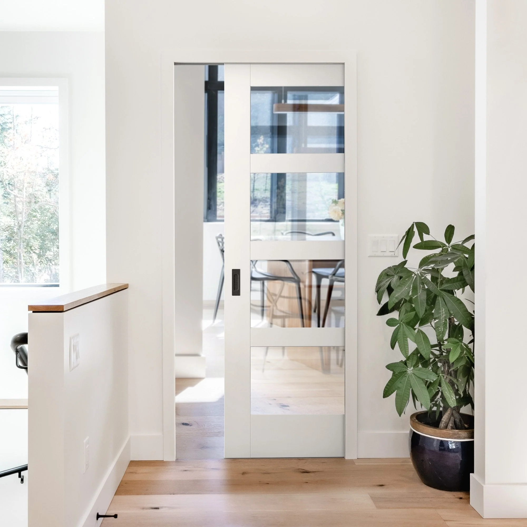 White Primed Internal Shaker 4 Light Clear Glass Framed 100mm Pocket Door Set (123266)