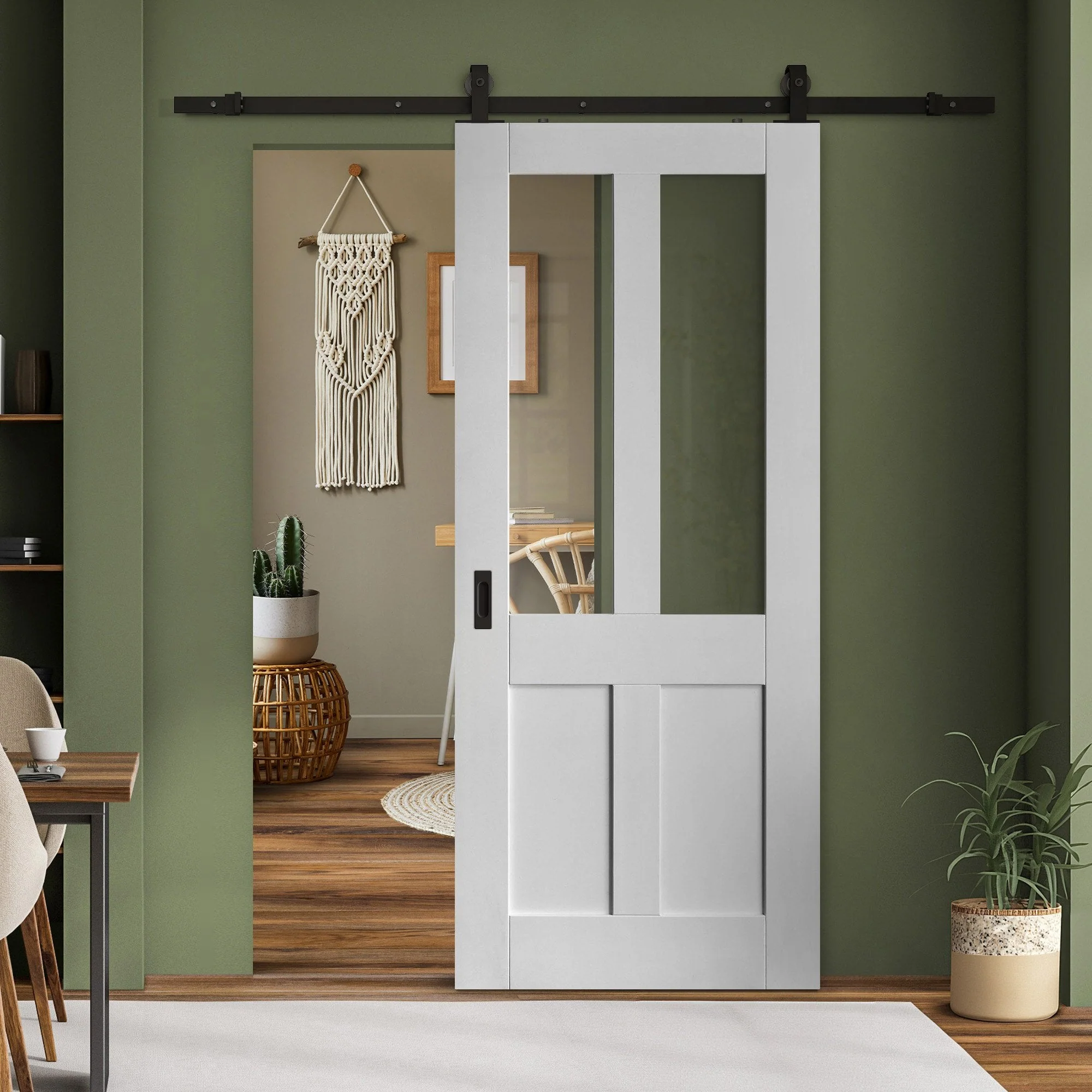 White Primed Internal Victorian 2 Panel 2 Light Clear Glass Sliding Door - Black Top Mounted (120768)