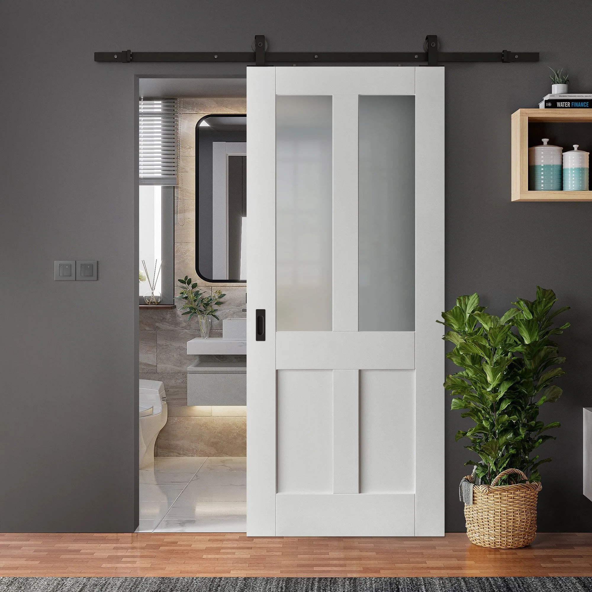 White Primed Internal Victorian 2 Panel 2 Light Obscure Glass Sliding Door - Black Top Mounted (120769)
