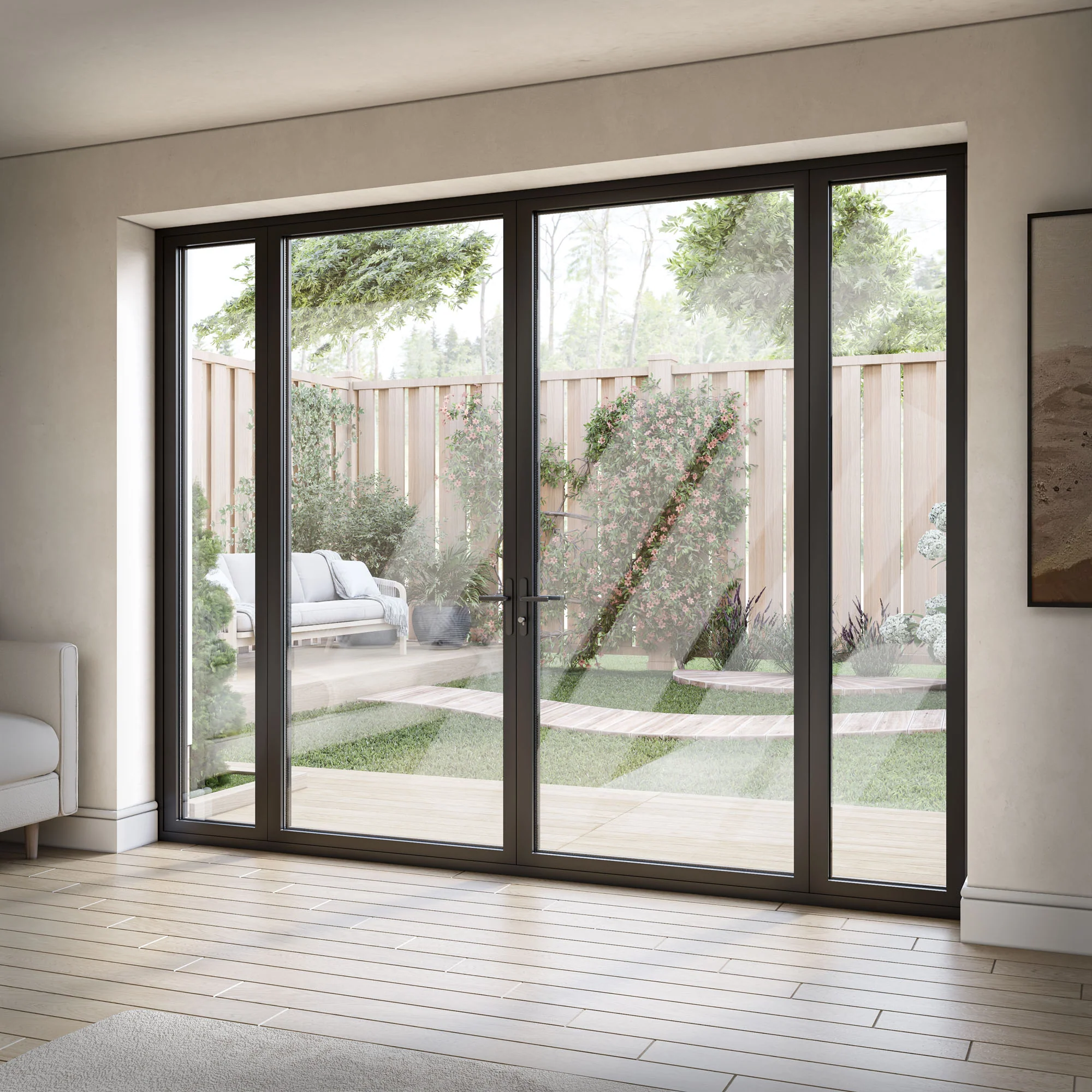 Matt Black Aluminium External Clear Glass French Patio Door with Sidelights - Image 2