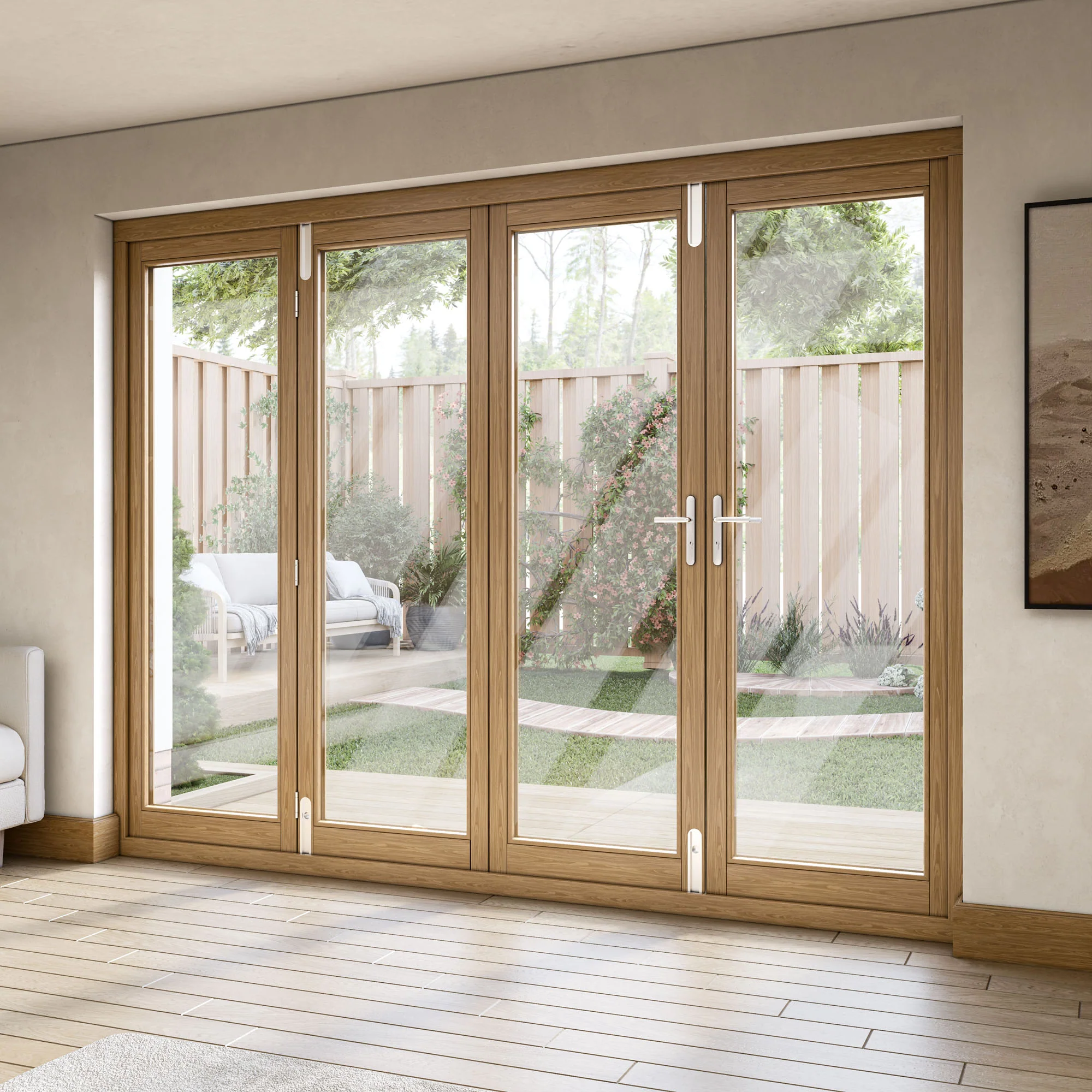 Oak External Fully Finished External Folding Patio Door Set 3+1 - Image 3