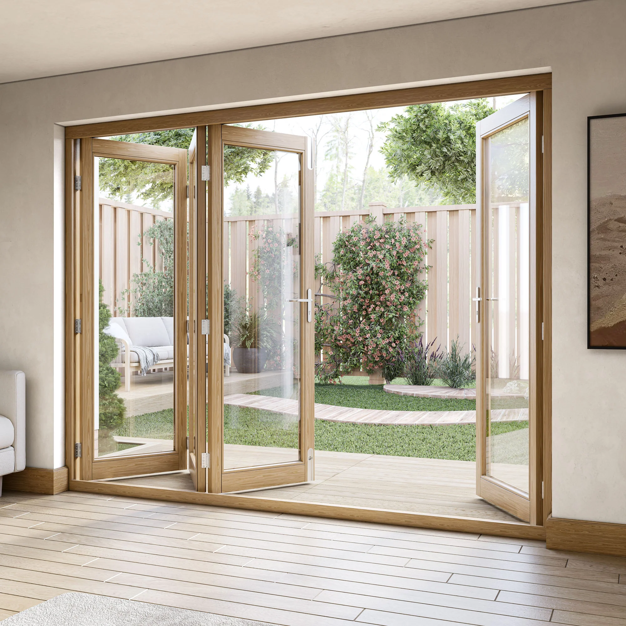 Oak External Fully Finished External Folding Patio Door Set 3+1 - Image 4
